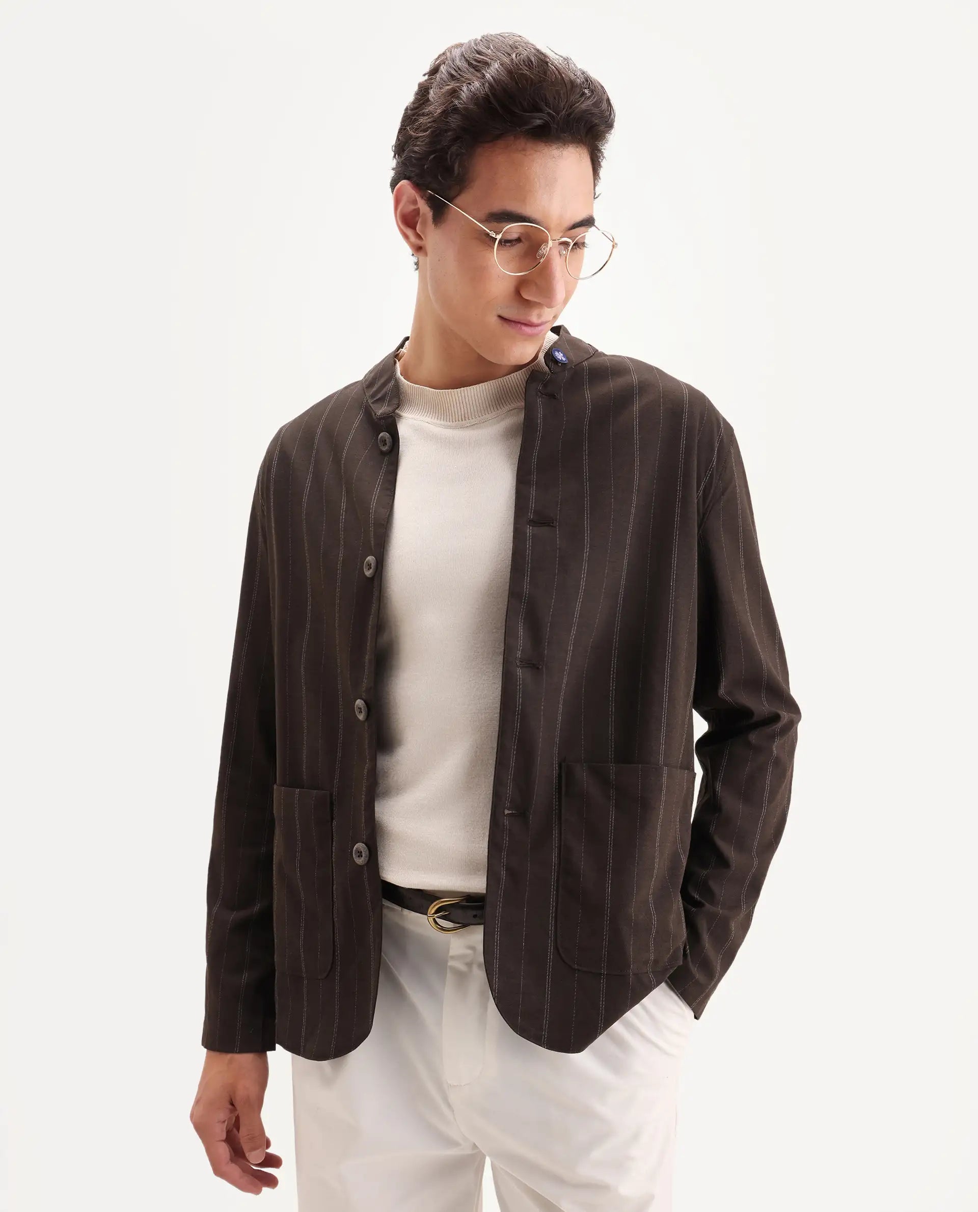 Rare Rabbit Men's Jars Brown Polyester Striped Print Regular Fit Full Sleeve Spread Collar Jacket