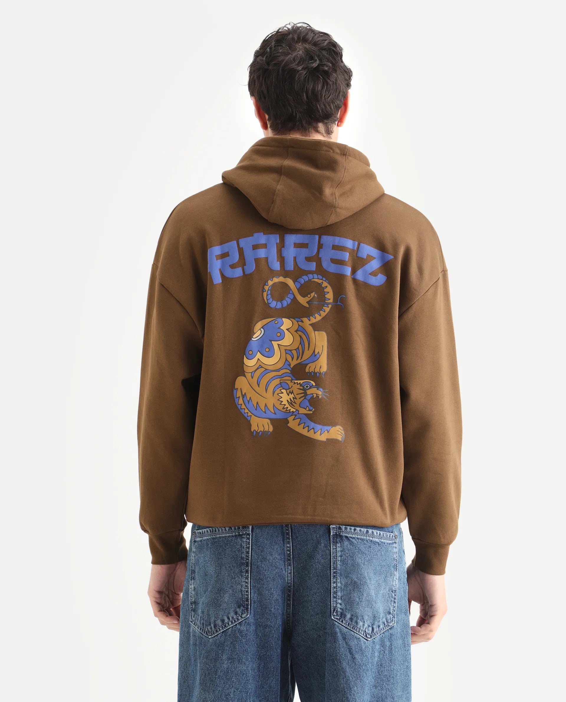 Rare Rabbit Men's Dary Dark Mustard Cotton Puff Print Boxy Fit Full Sleeve Hooded Sweatshirt