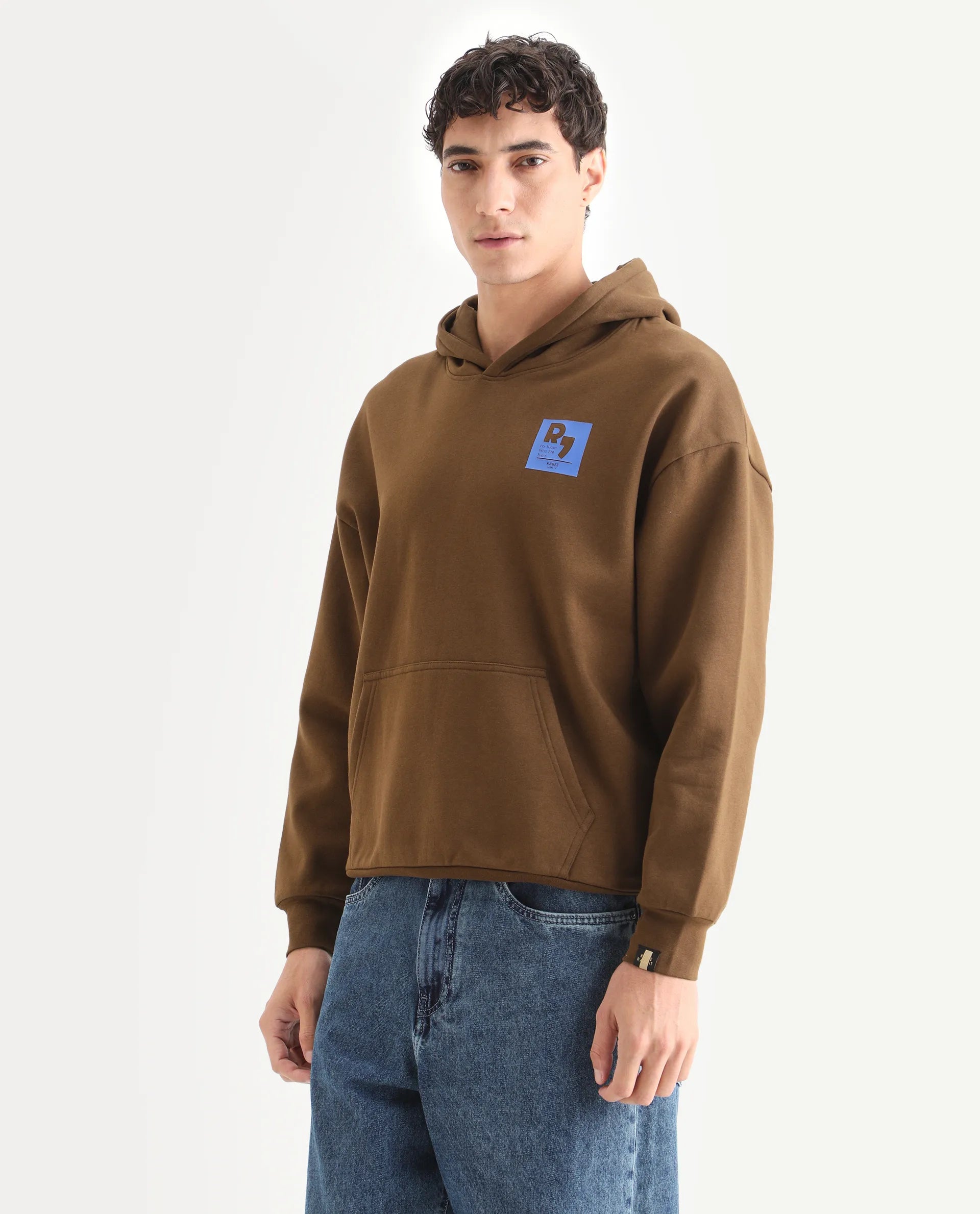 Rare Rabbit Men's Dary Dark Mustard Cotton Puff Print Boxy Fit Full Sleeve Hooded Sweatshirt