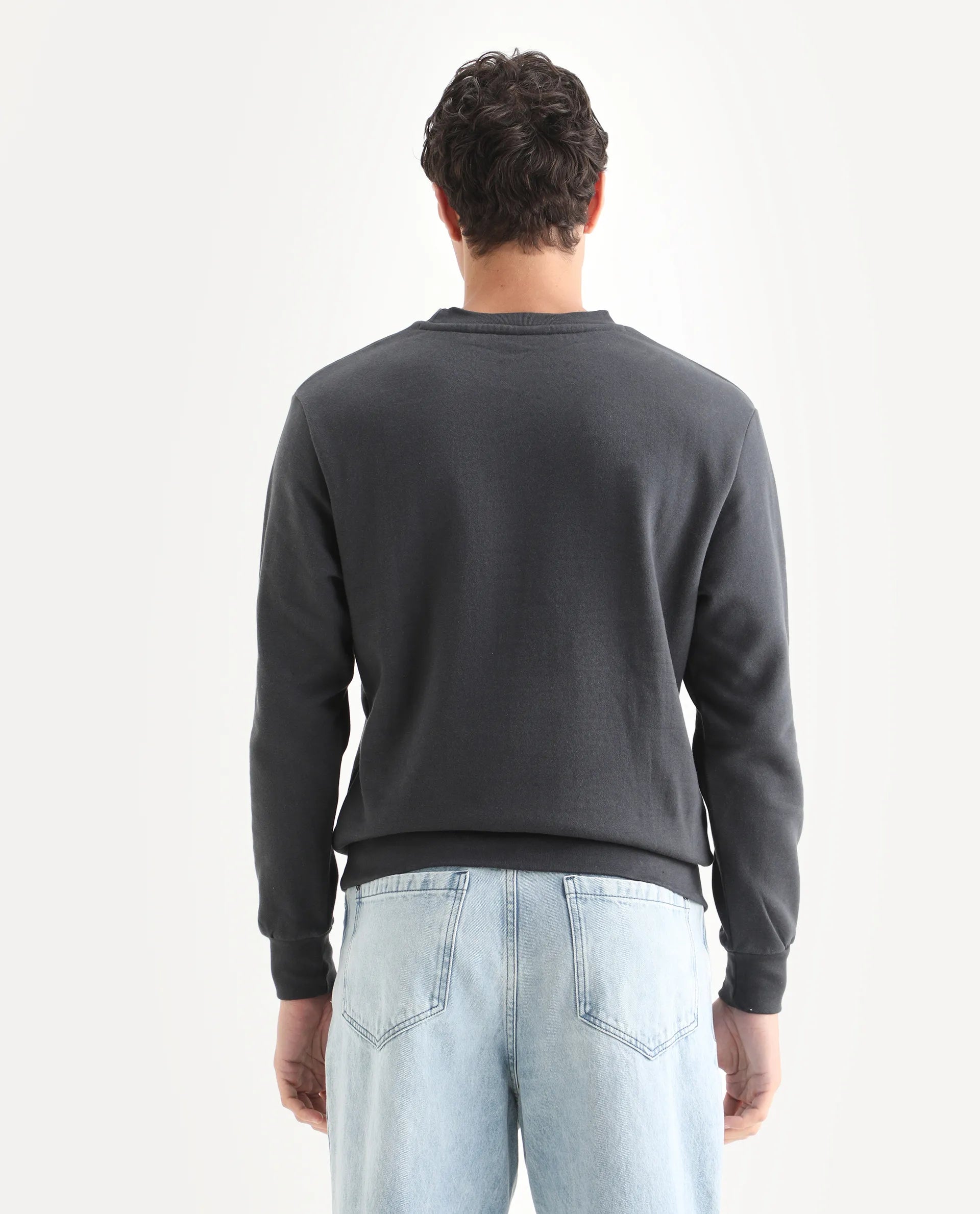 Rare Rabbit Men's Nantes Dark Grey Cotton Blend Graphic Print Boxy Fit Full Sleeve Crew Neck Sweatshirt