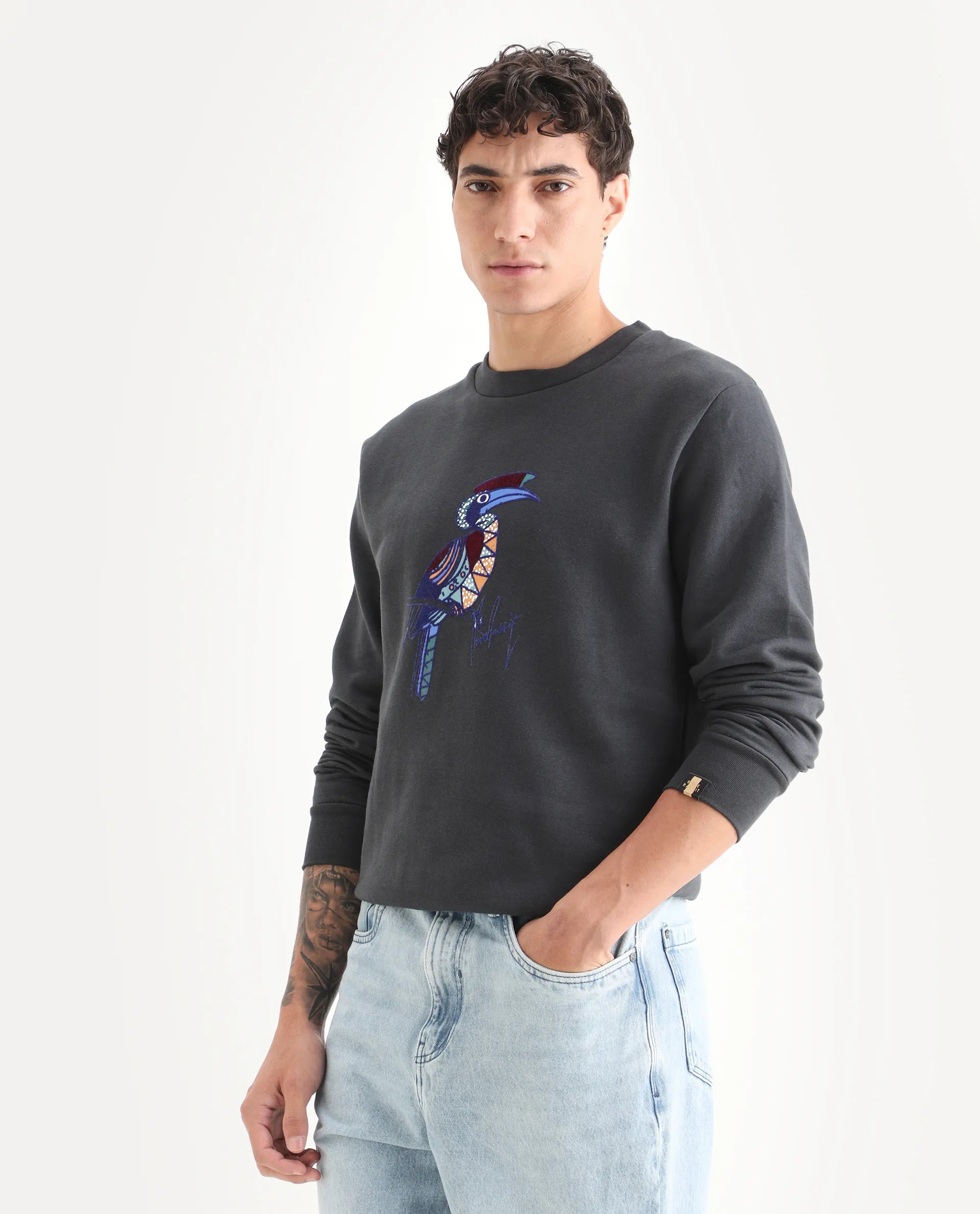 Rare Rabbit Men's Nantes Dark Grey Cotton Blend Graphic Print Boxy Fit Full Sleeve Crew Neck Sweatshirt