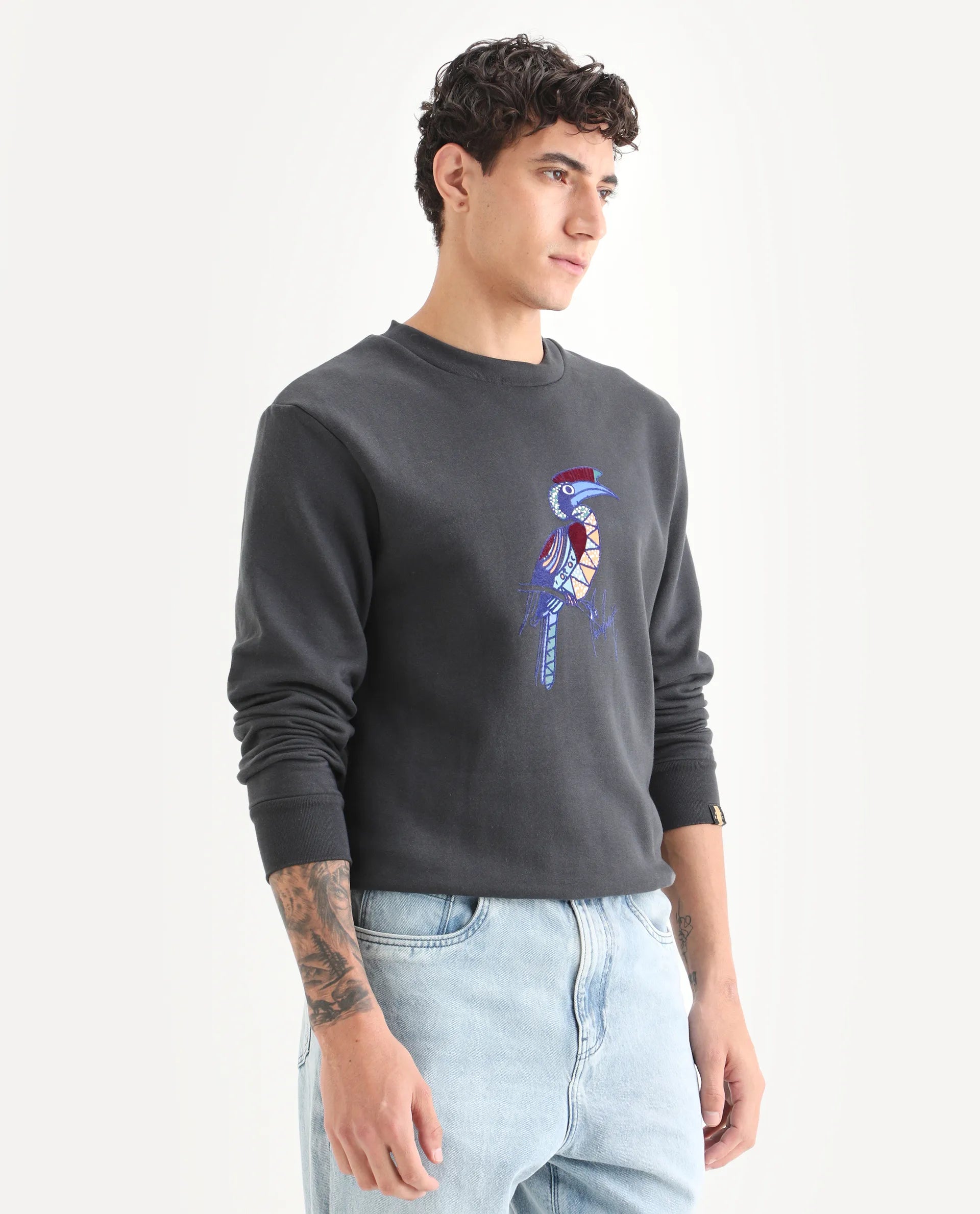 Rare Rabbit Men's Nantes Dark Grey Cotton Blend Graphic Print Boxy Fit Full Sleeve Crew Neck Sweatshirt