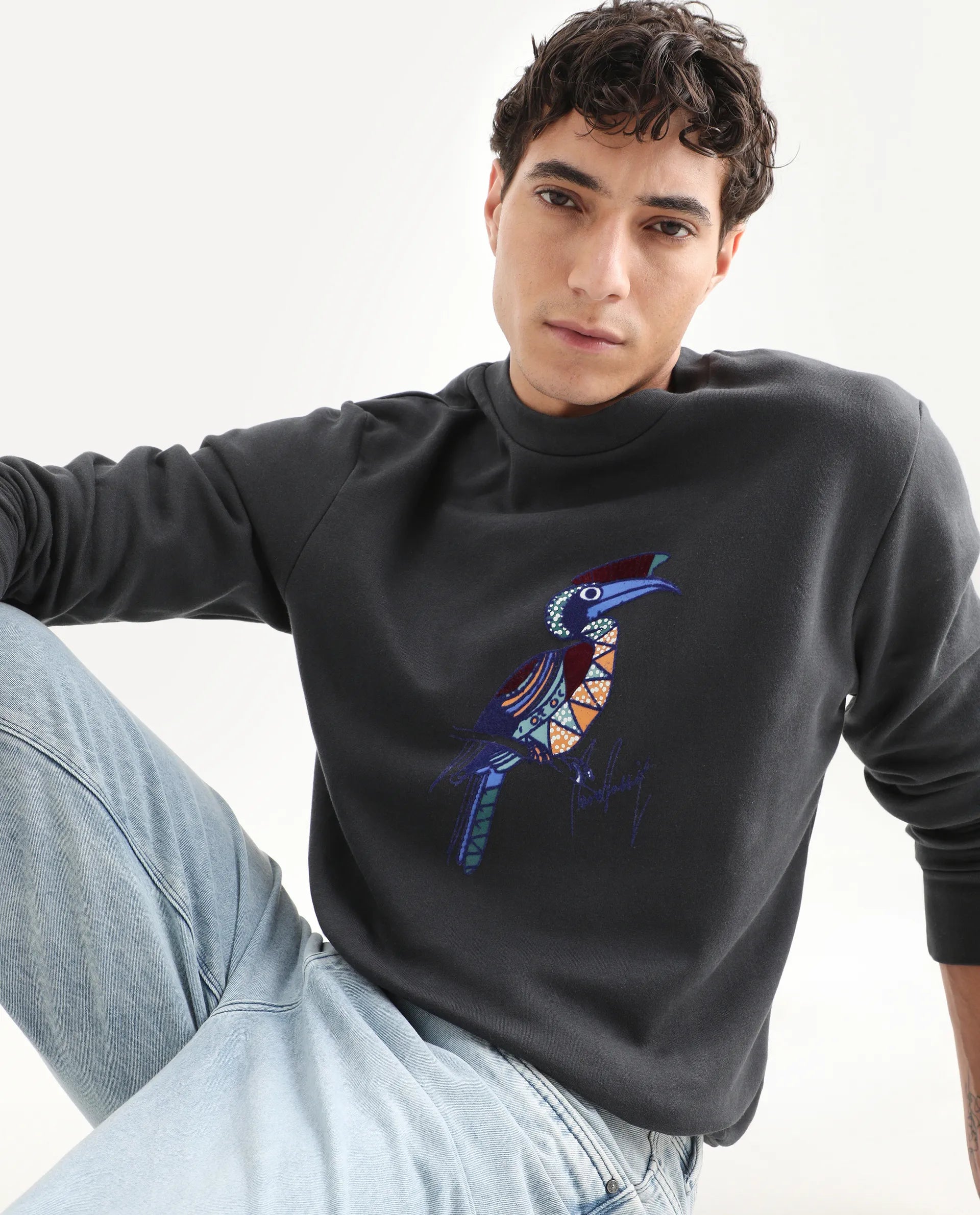 Rare Rabbit Men's Nantes Dark Grey Cotton Blend Graphic Print Boxy Fit Full Sleeve Crew Neck Sweatshirt