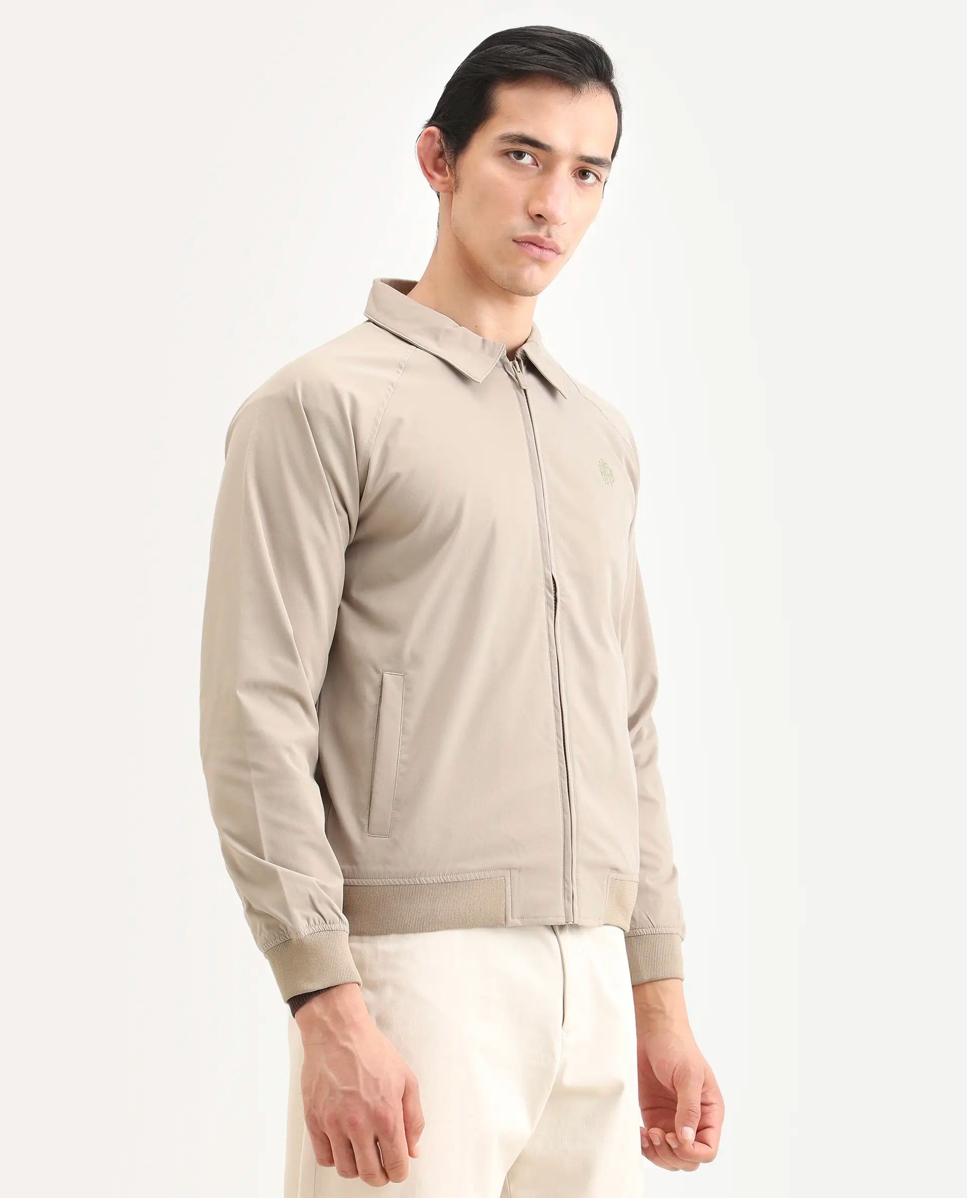 Rare Rabbit Men's Clayon Beige Polyester Embroidered Regular Fit Full Sleeve Spread Collar Jacket