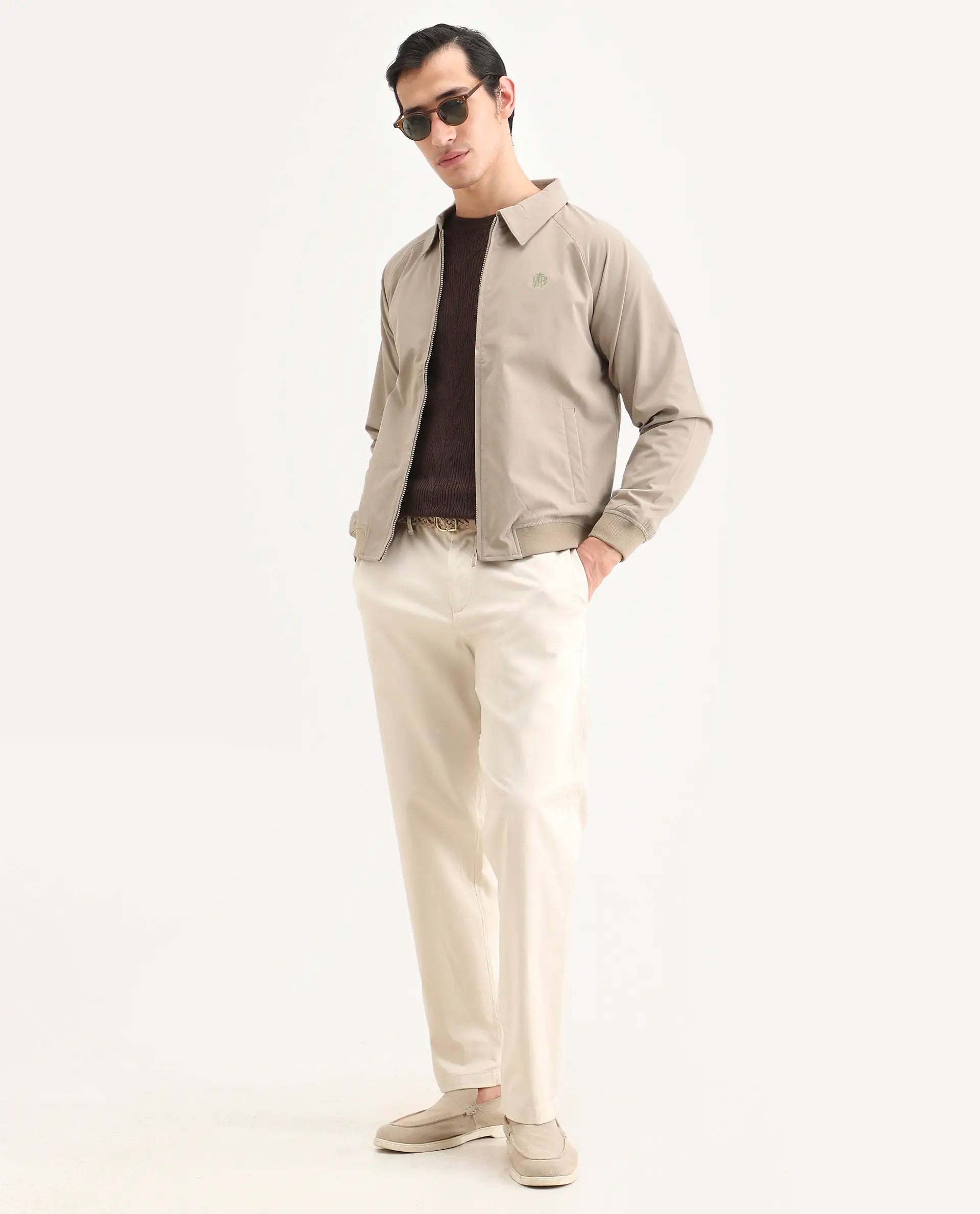 Rare Rabbit Men's Clayon Beige Polyester Embroidered Regular Fit Full Sleeve Spread Collar Jacket