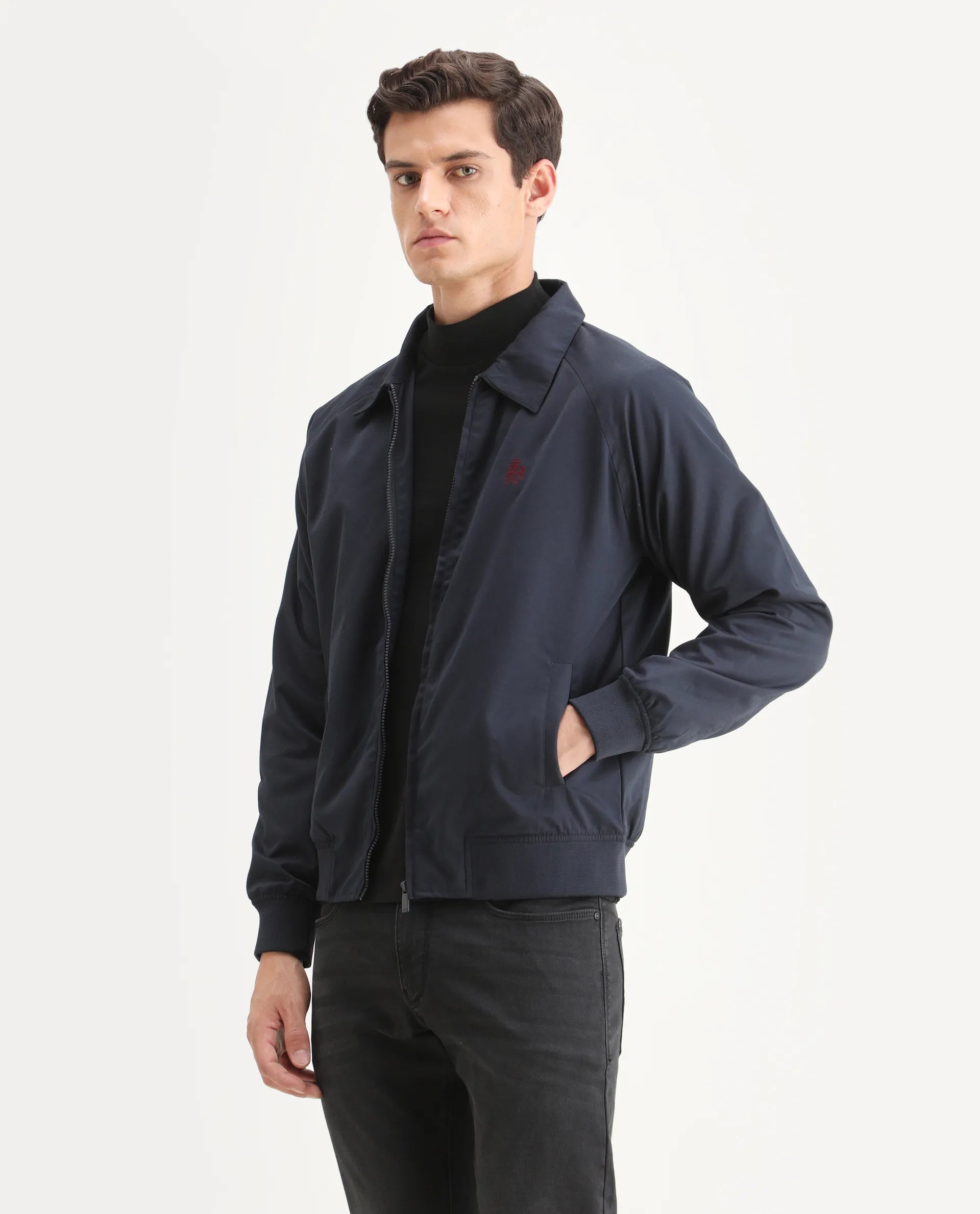 Rare Rabbit Men's Clayon Navy Polyester Embroidered Regular Fit Full Sleeve Spread Collar Jacket