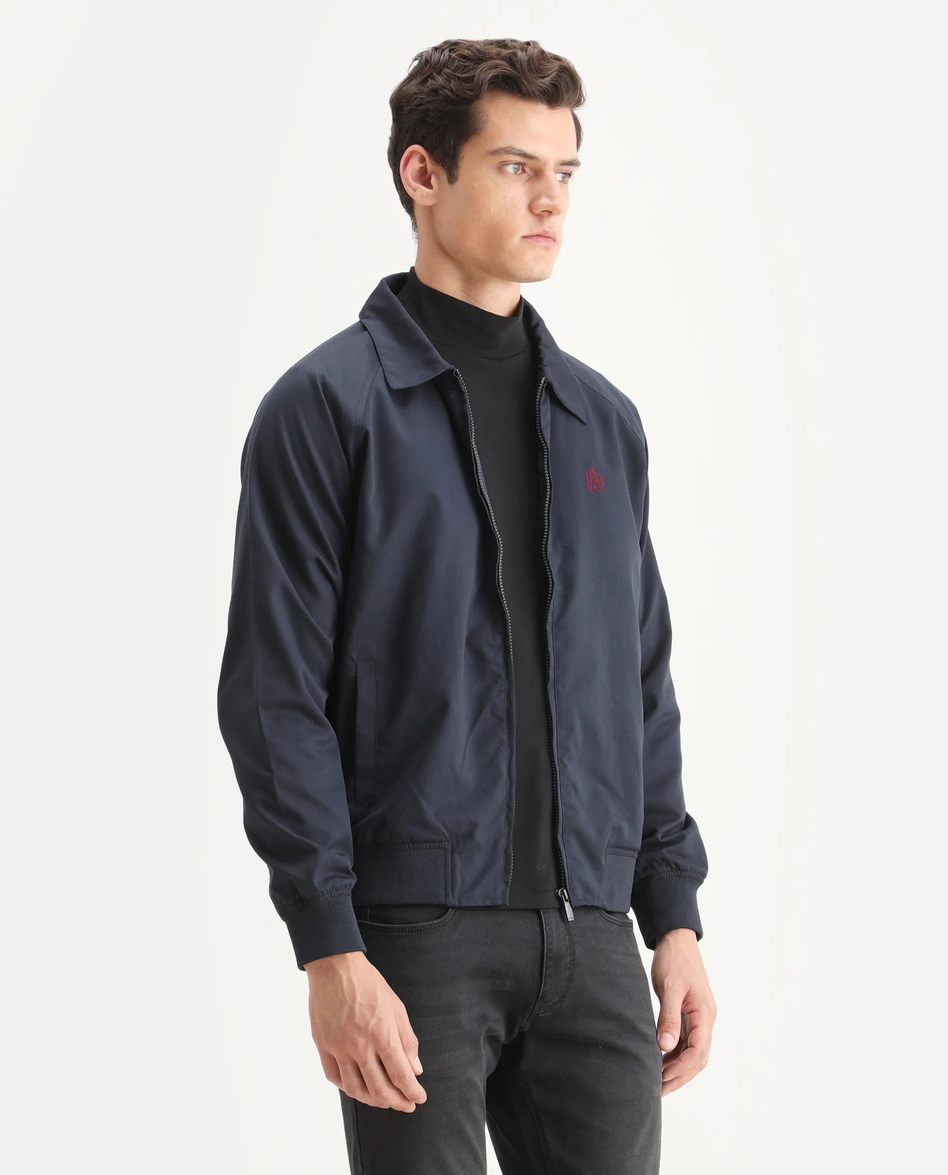 Rare Rabbit Men's Clayon Navy Polyester Embroidered Regular Fit Full Sleeve Spread Collar Jacket
