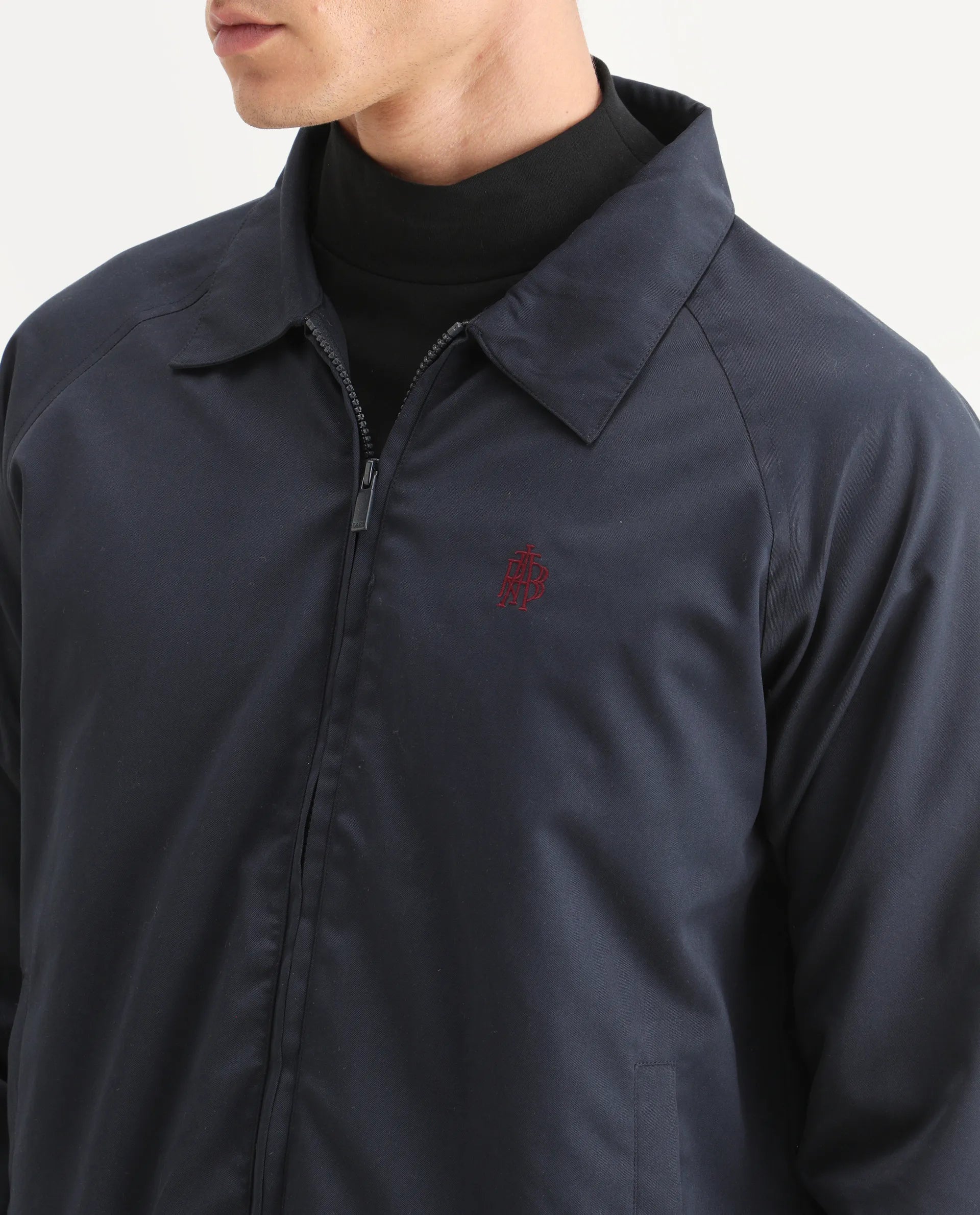 Rare Rabbit Men's Clayon Navy Polyester Embroidered Regular Fit Full Sleeve Spread Collar Jacket