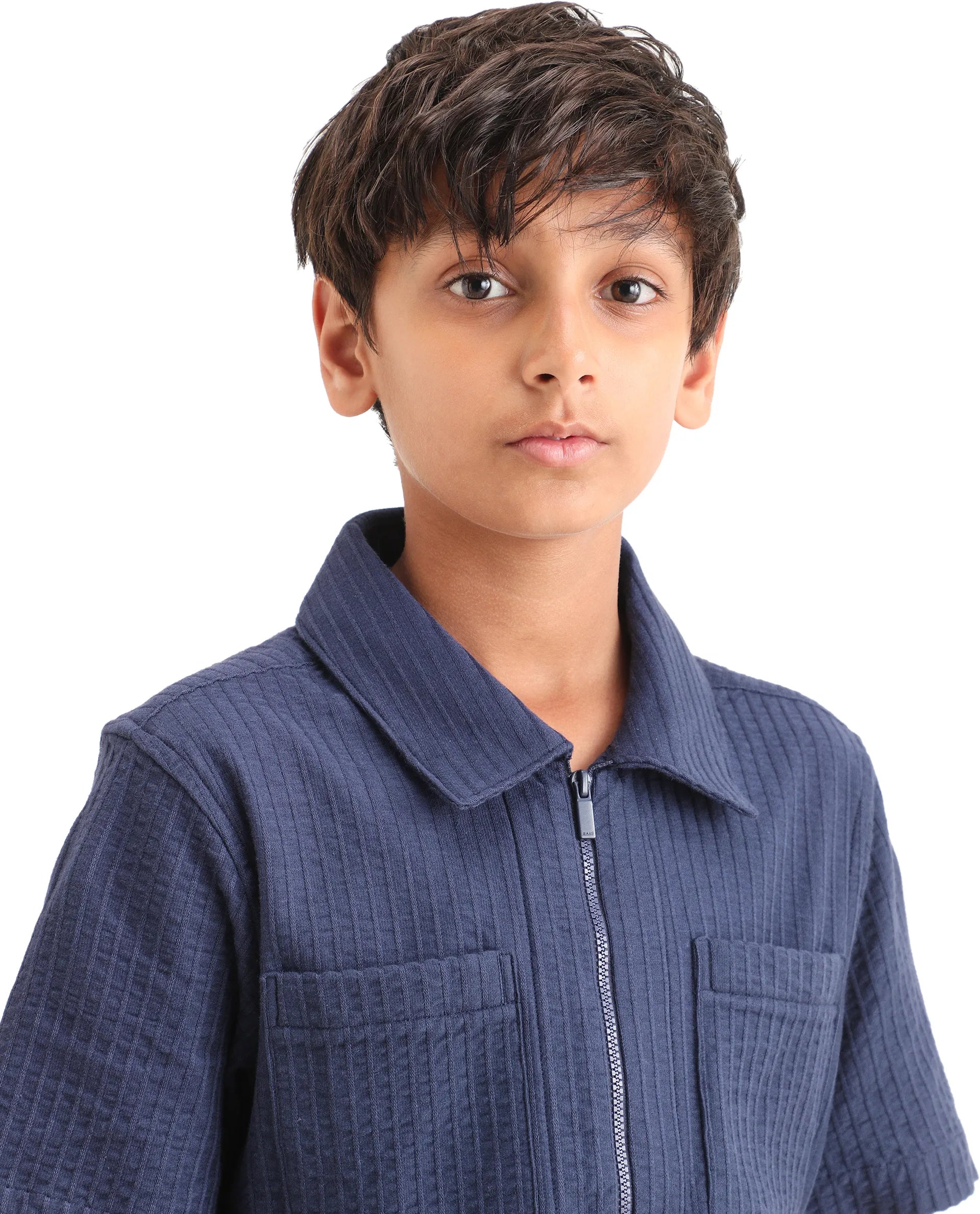 Rare Ones Kids Lomz Dark Navy Cotton Fabric Half Sleeve Tonal Stripe Shacket