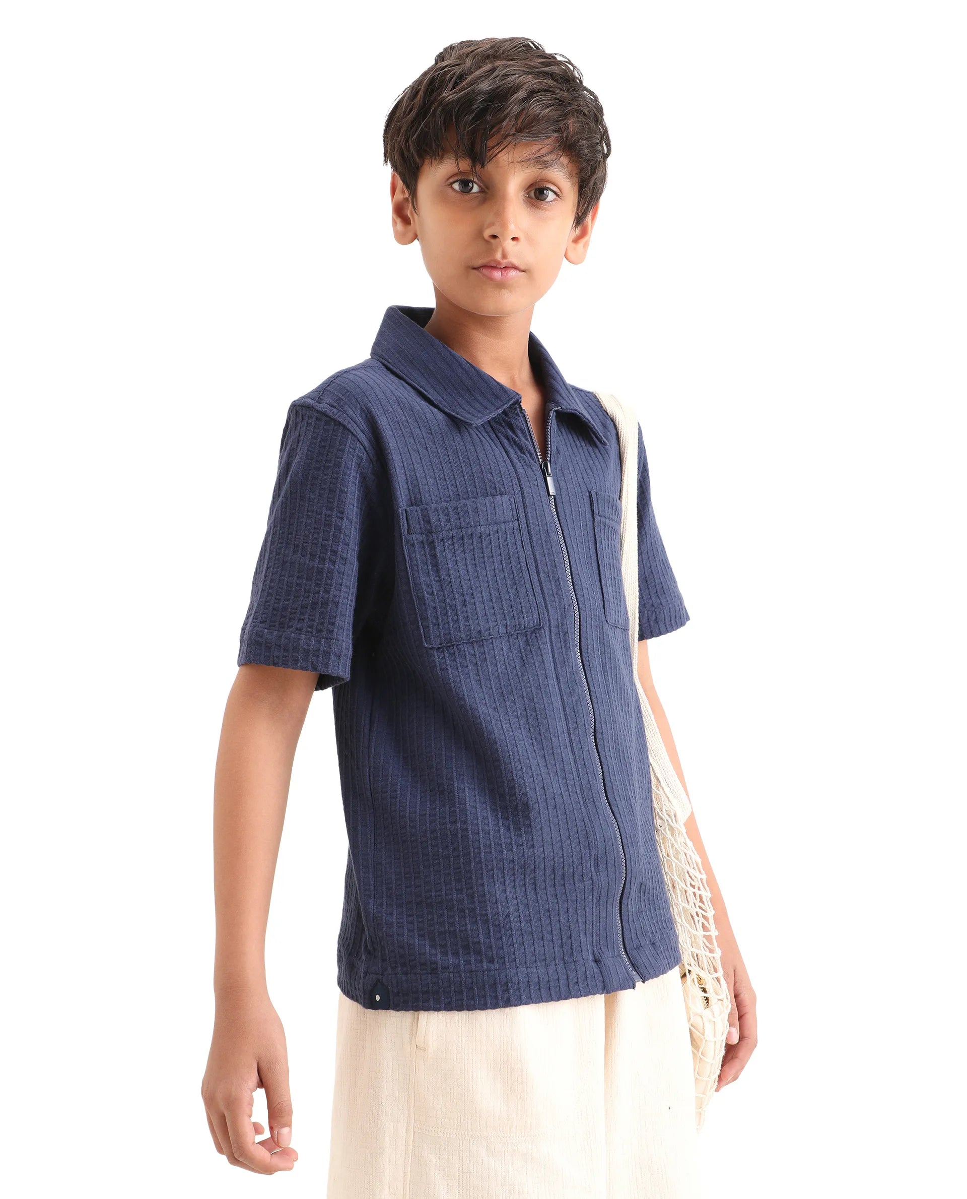 Rare Ones Kids Lomz Dark Navy Cotton Fabric Half Sleeve Tonal Stripe Shacket