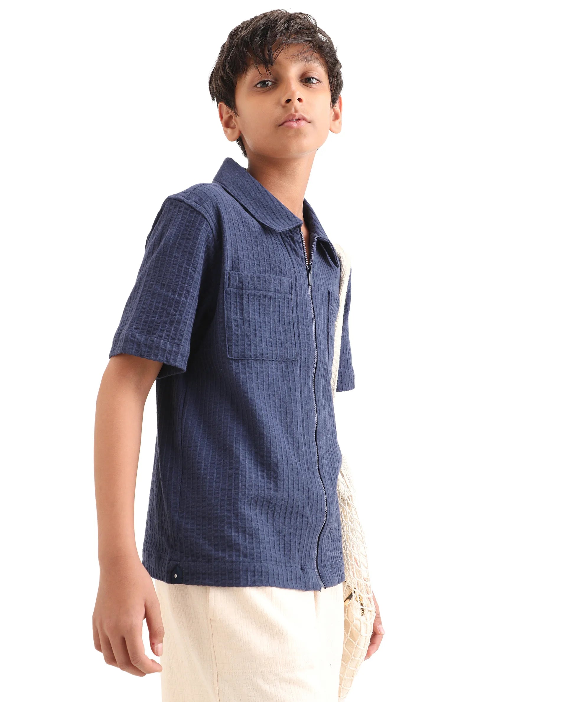 Rare Ones Kids Lomz Dark Navy Cotton Fabric Half Sleeve Tonal Stripe Shacket