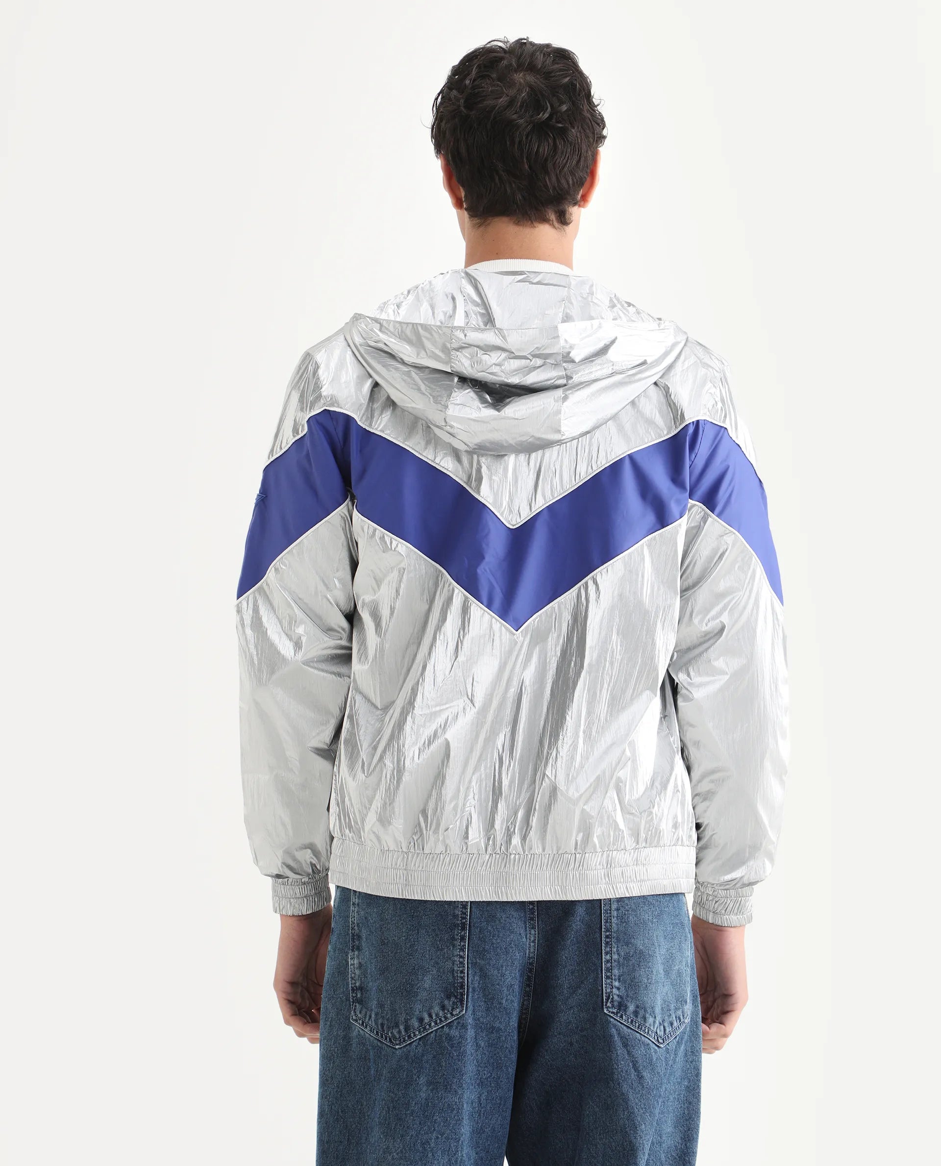 Rare Rabbit Men's Albi Silver Nylon Blend Metallic Regular Fit Full Sleeve Hooded Jacket
