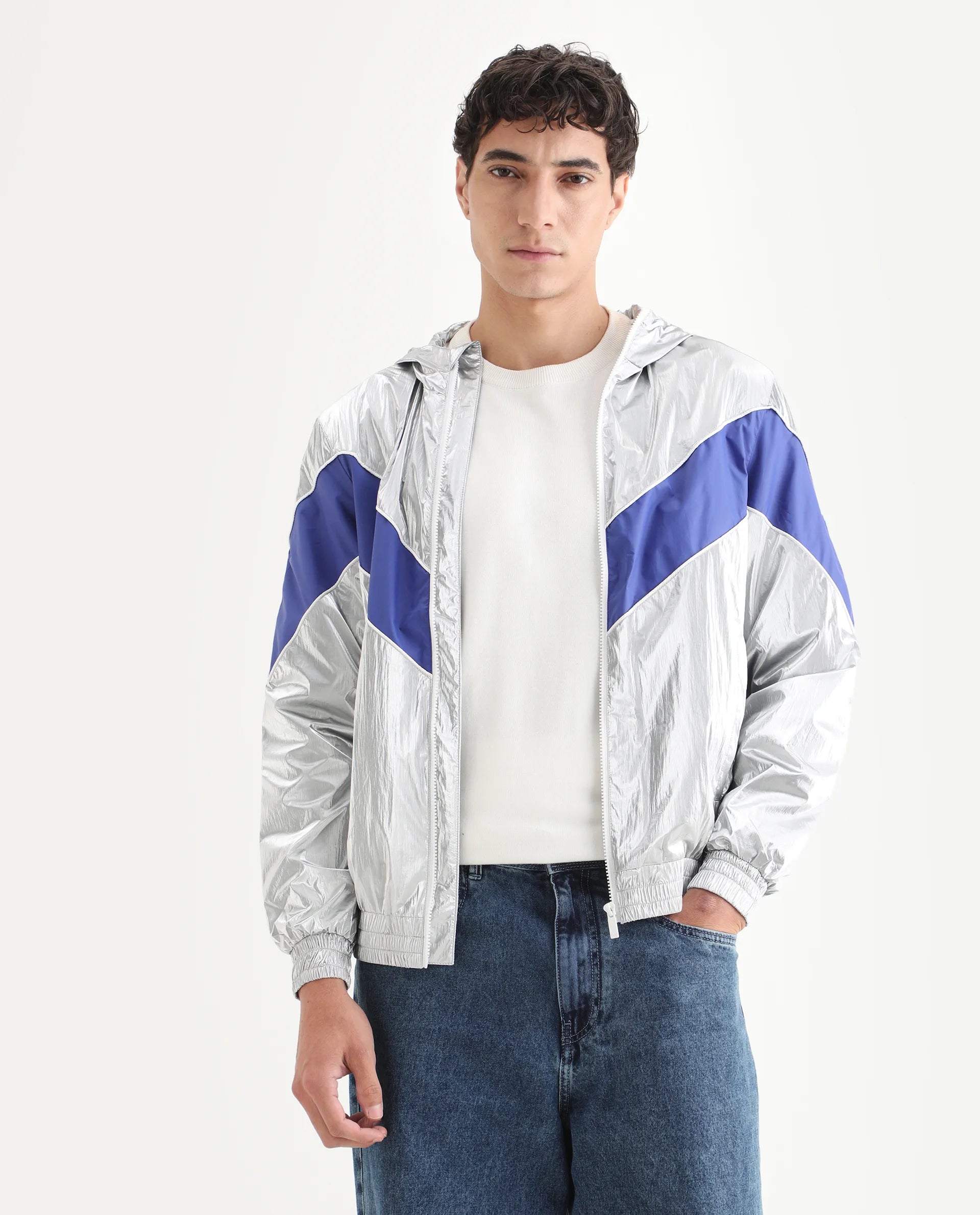 Rare Rabbit Men's Albi Silver Nylon Blend Metallic Regular Fit Full Sleeve Hooded Jacket