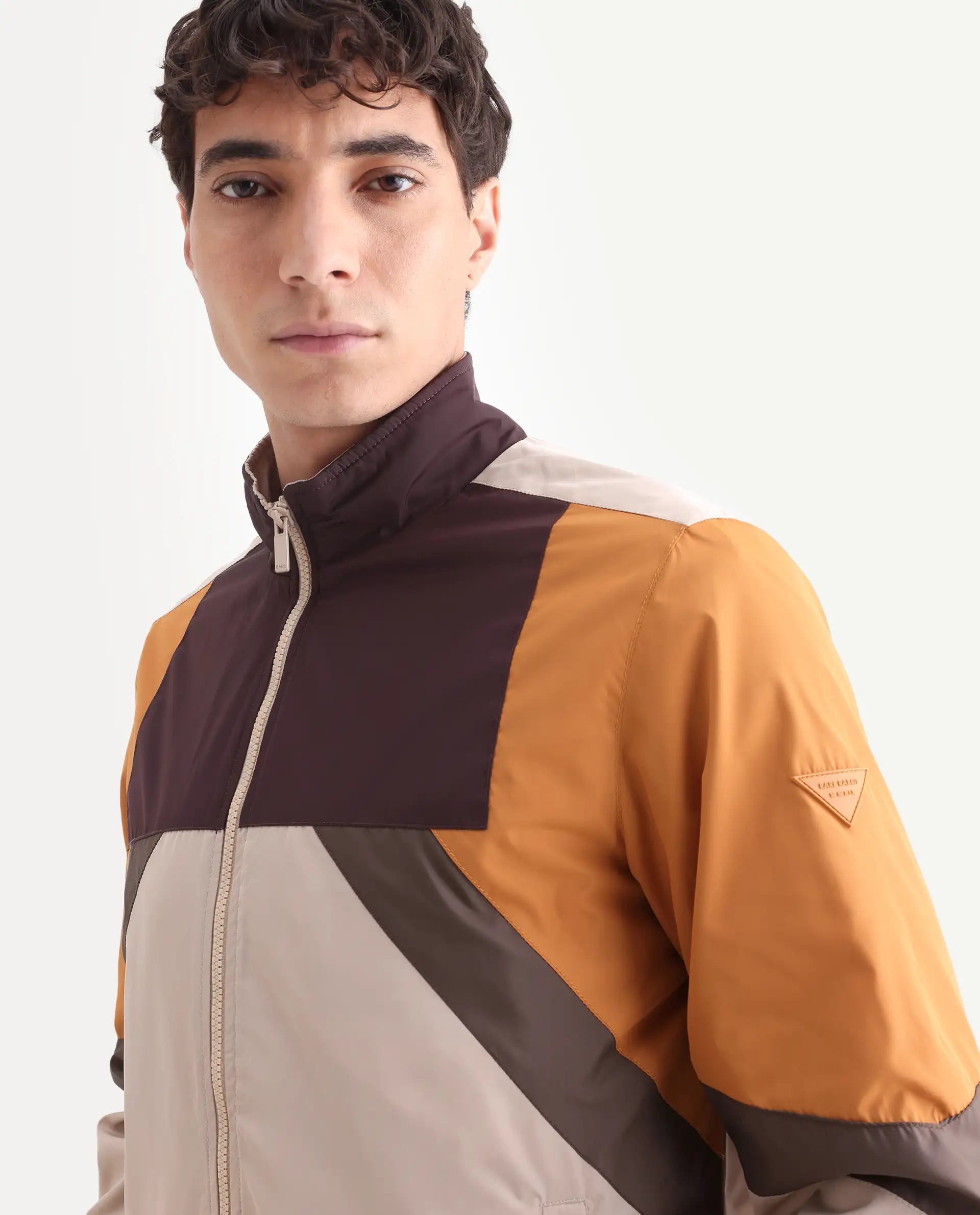 Rare Rabbit Men's Malo Beige Polyester Cut And Sew Regular Fit Full Sleeve High Neck Jacket