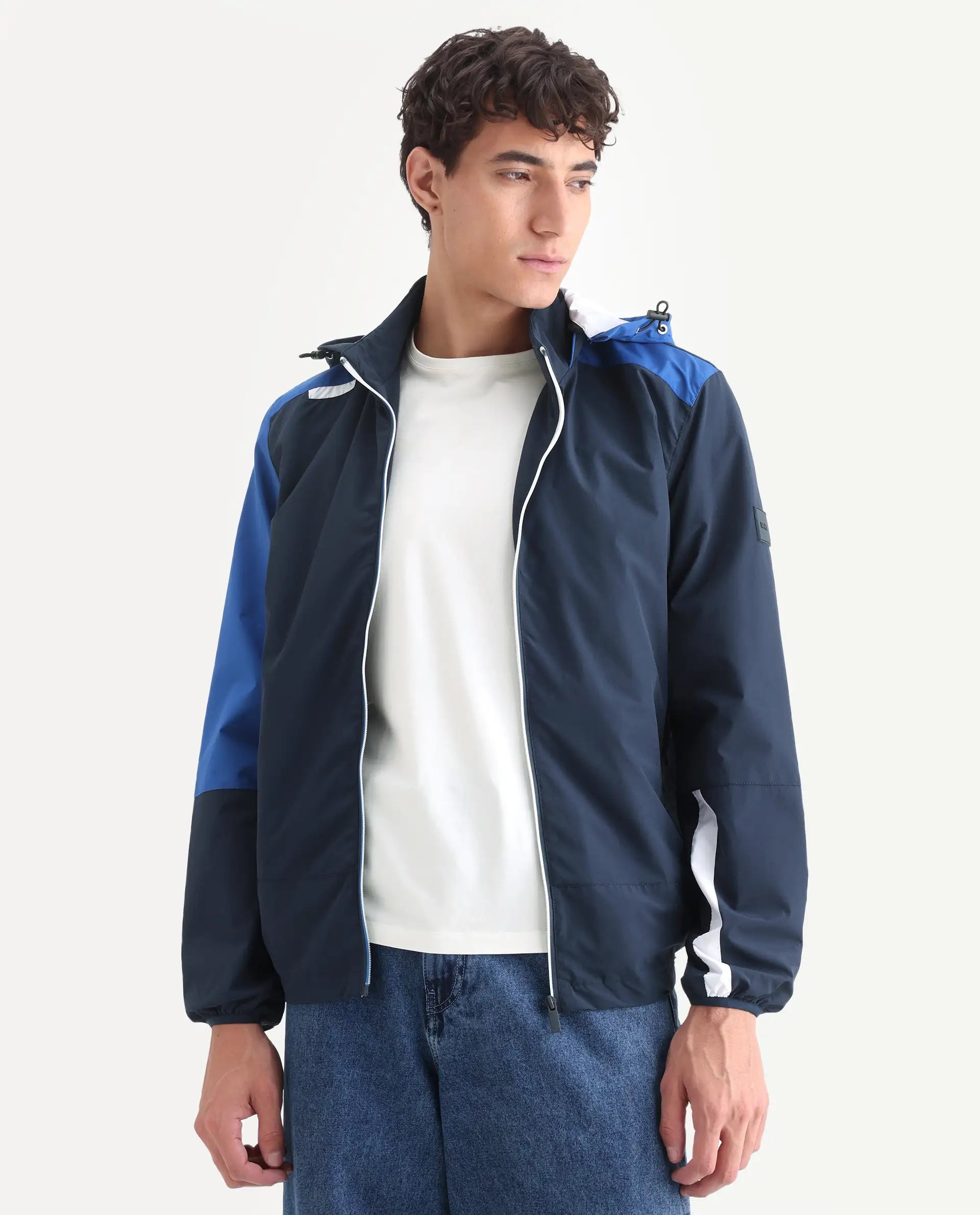 Rare Rabbit Men's Wando Dark Blue Polyester Blend Ombre Regular Fit Full Sleeve Hooded Jacket