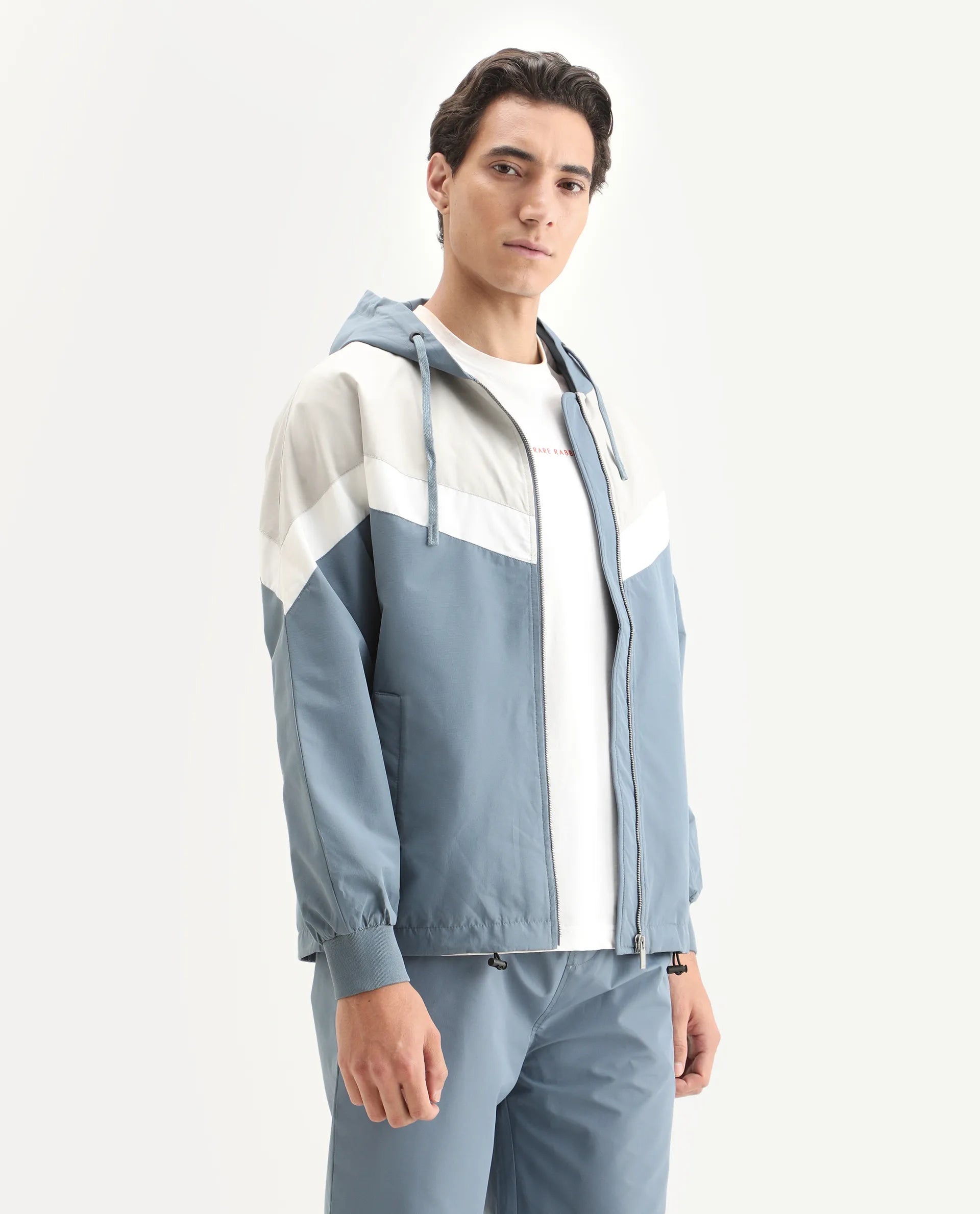 Rare Rabbit Men's Waber Light Blue Polyester Cut And Sew Regular Fit Full Sleeve Hooded Jacket