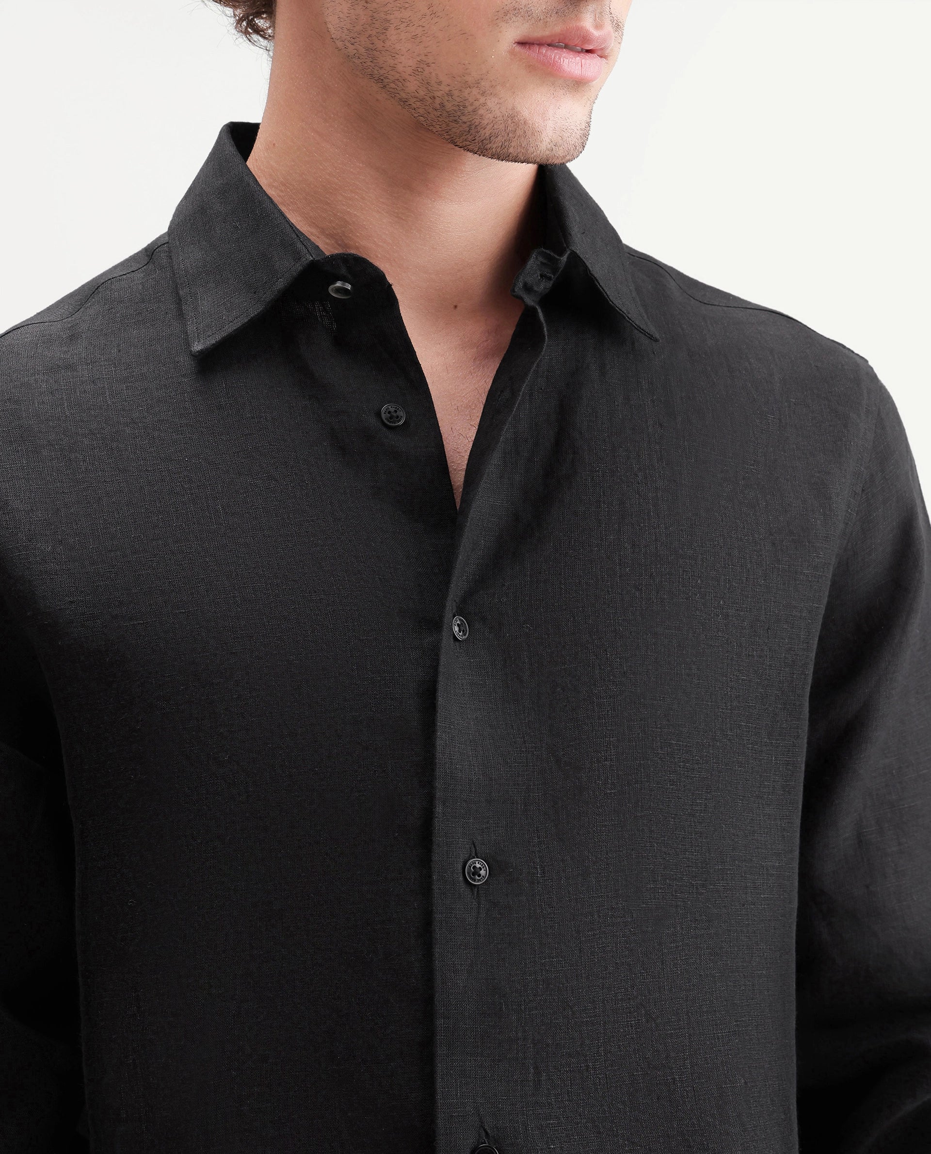 Rare Rabbit Men's Fign Black 100% Linen Plain Regular Fit Full Sleeve Collared Shirt