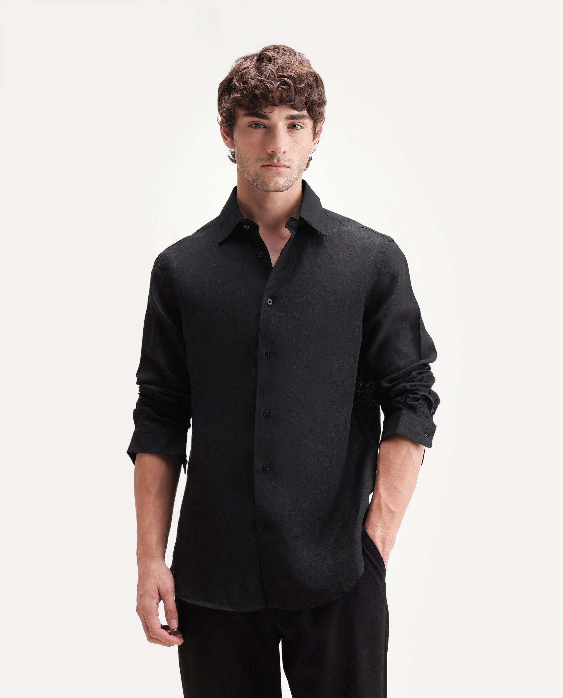 Rare Rabbit Men's Fign Black 100% Linen Plain Regular Fit Full Sleeve Collared Shirt