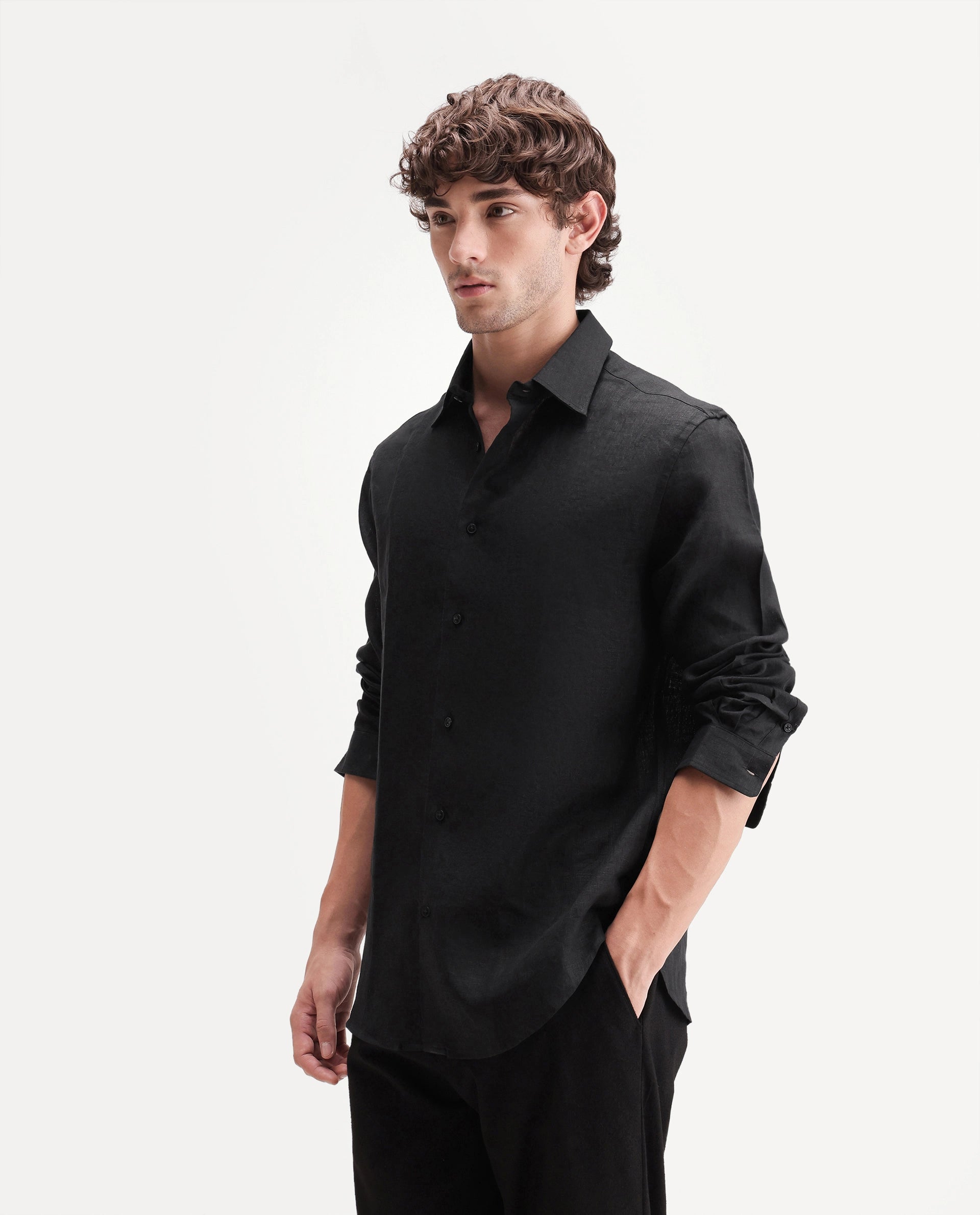 Rare Rabbit Men's Fign Black 100% Linen Plain Regular Fit Full Sleeve Collared Shirt