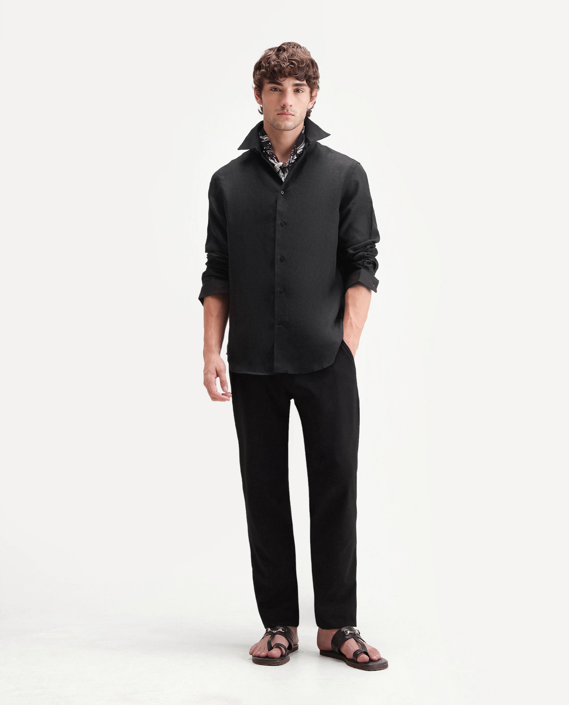 Rare Rabbit Men's Fign Black 100% Linen Plain Regular Fit Full Sleeve Collared Shirt