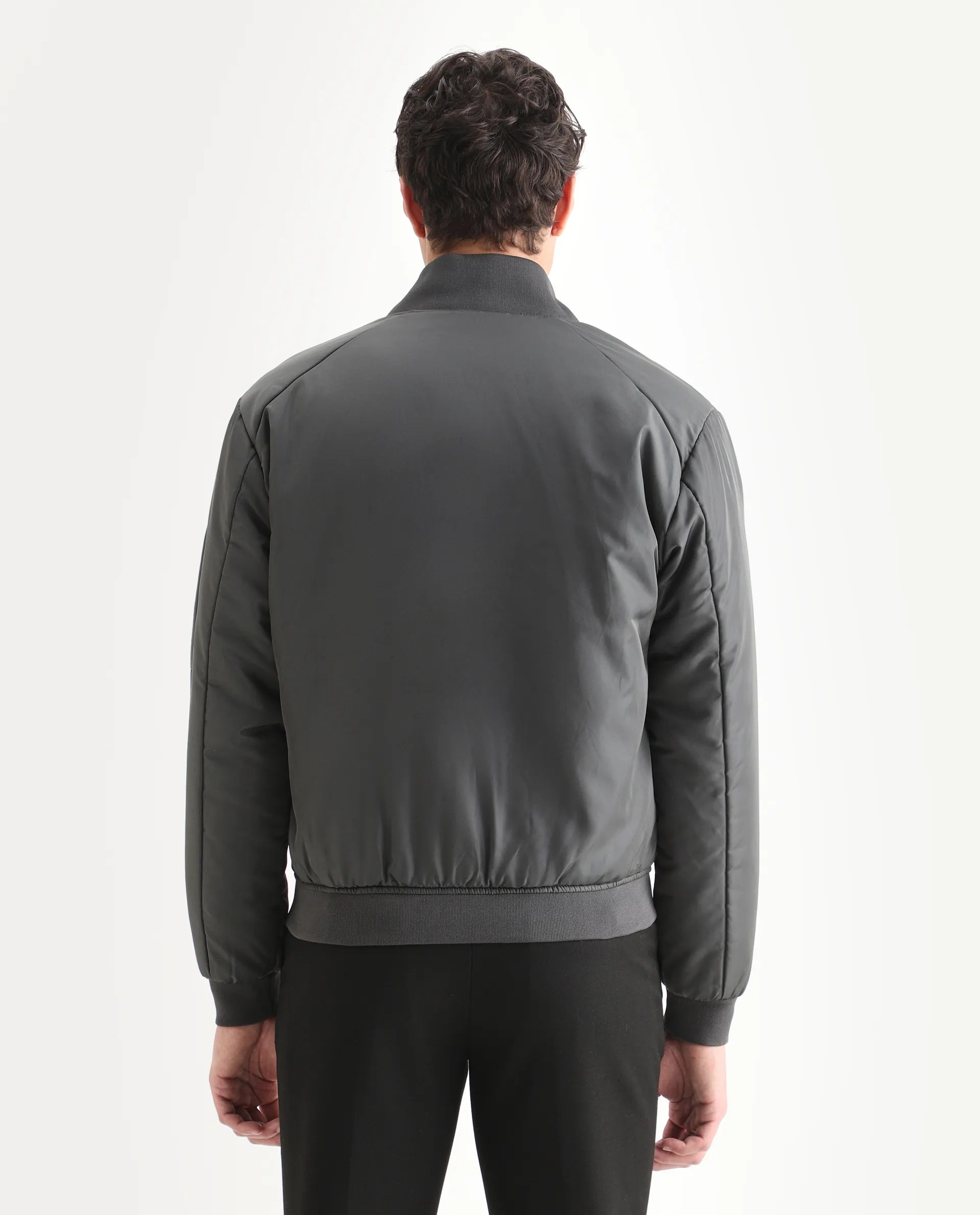 Rare Rabbit Men's Quoto Dark Grey Polyester Plain Regular Fit Full Sleeve Ribbed Collar Jacket