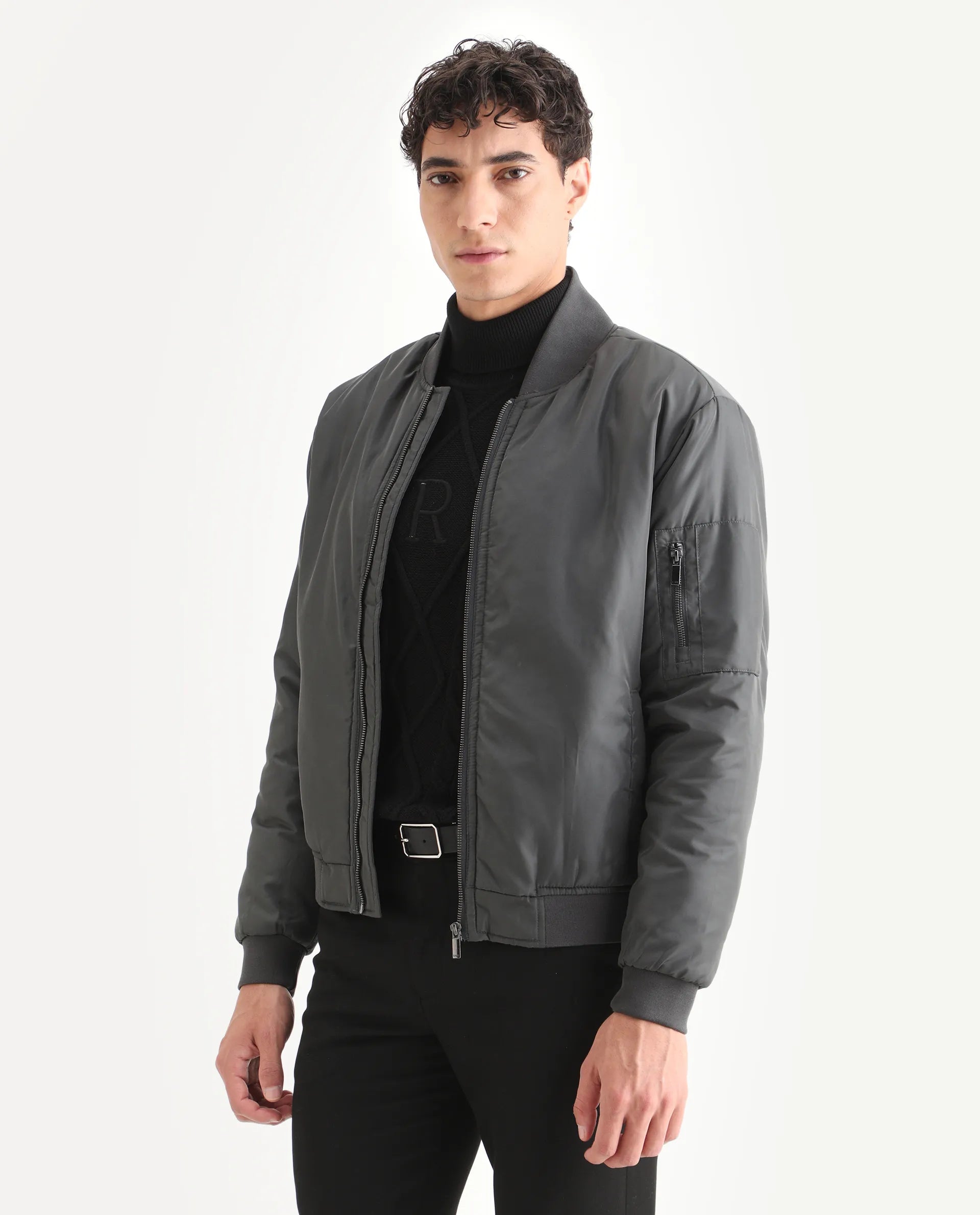 Rare Rabbit Men's Quoto Dark Grey Polyester Plain Regular Fit Full Sleeve Ribbed Collar Jacket