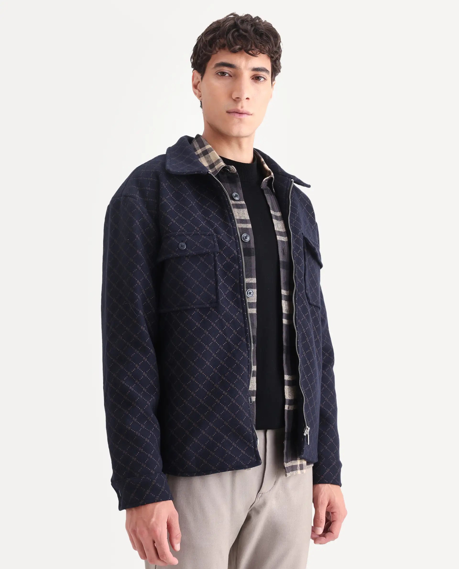 Rare Rabbit Men's Lybro Navy Polyester Monogram Print Regular Fit Full Sleeve Spread Collar Jacket