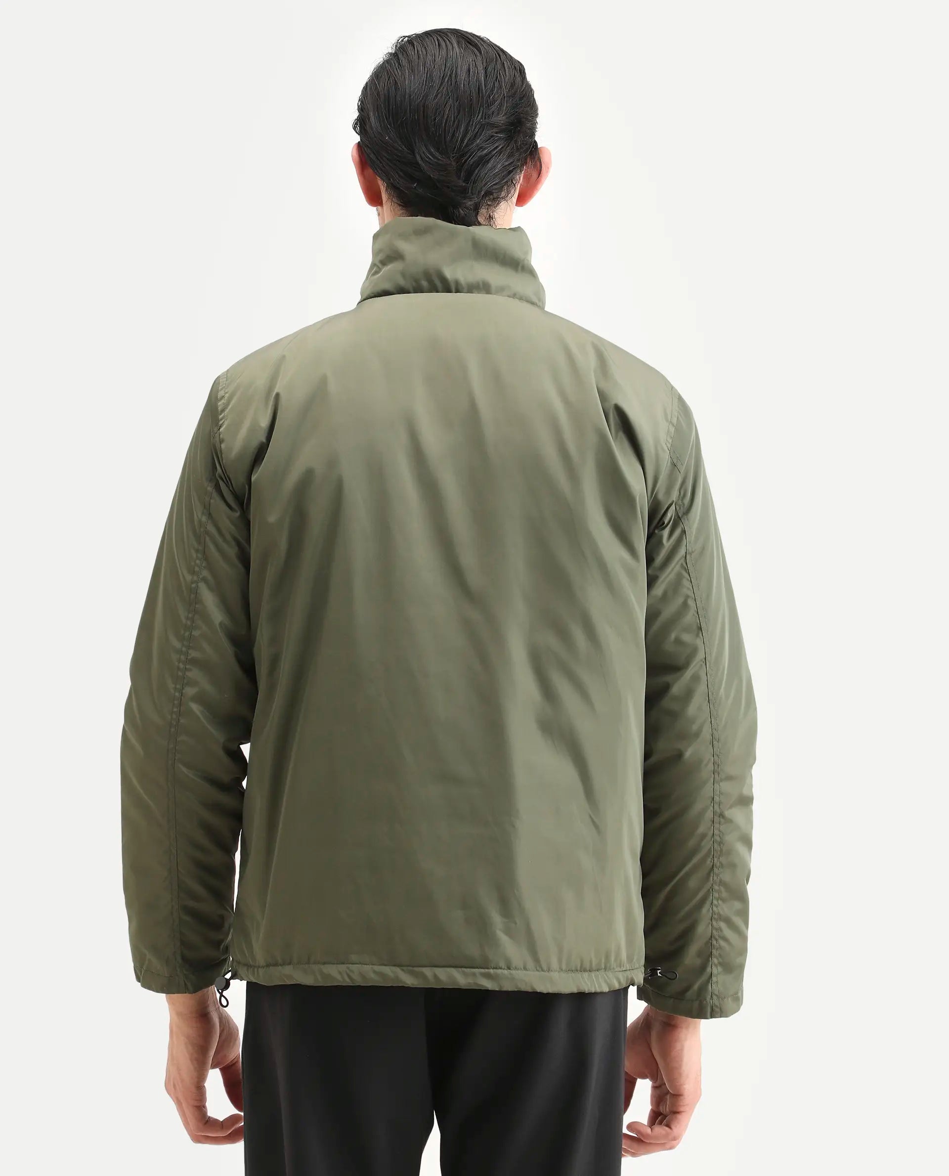 Rare Rabbit Men's Oba Dark Green Polyester Plain Relaxed Fit Full Sleeve High Neck Jacket