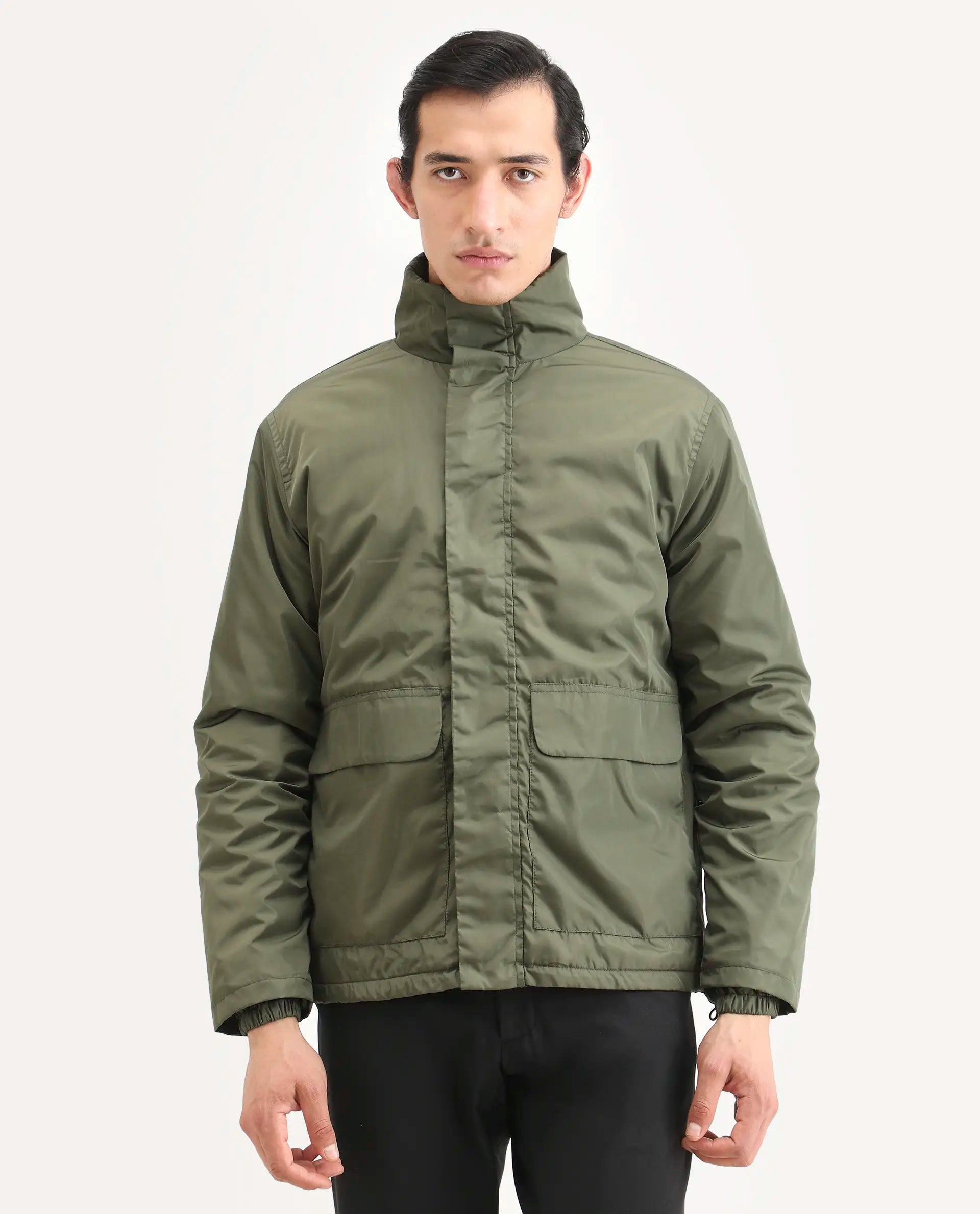 Rare Rabbit Men's Oba Dark Green Polyester Plain Relaxed Fit Full Sleeve High Neck Jacket