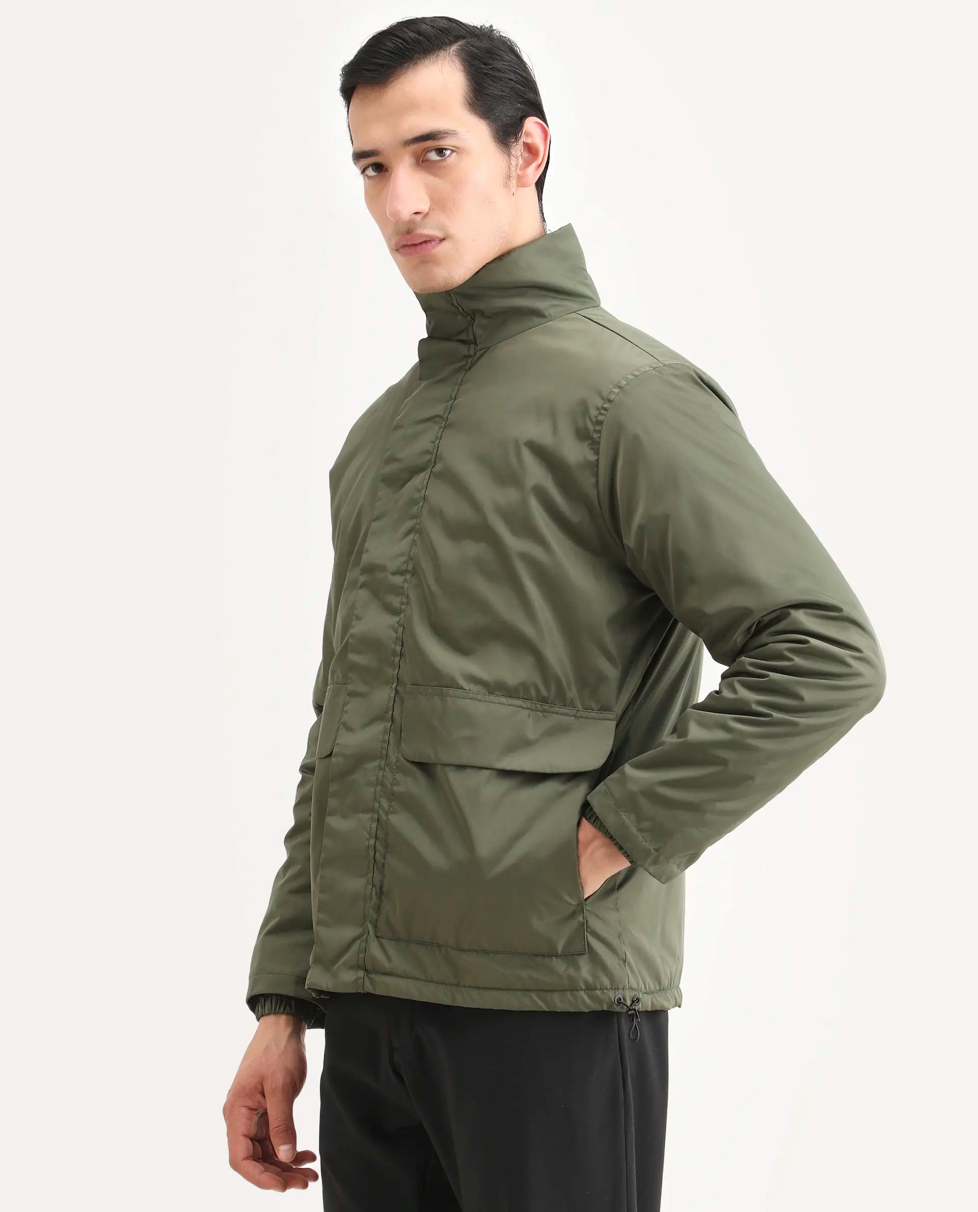 Rare Rabbit Men's Oba Dark Green Polyester Plain Relaxed Fit Full Sleeve High Neck Jacket