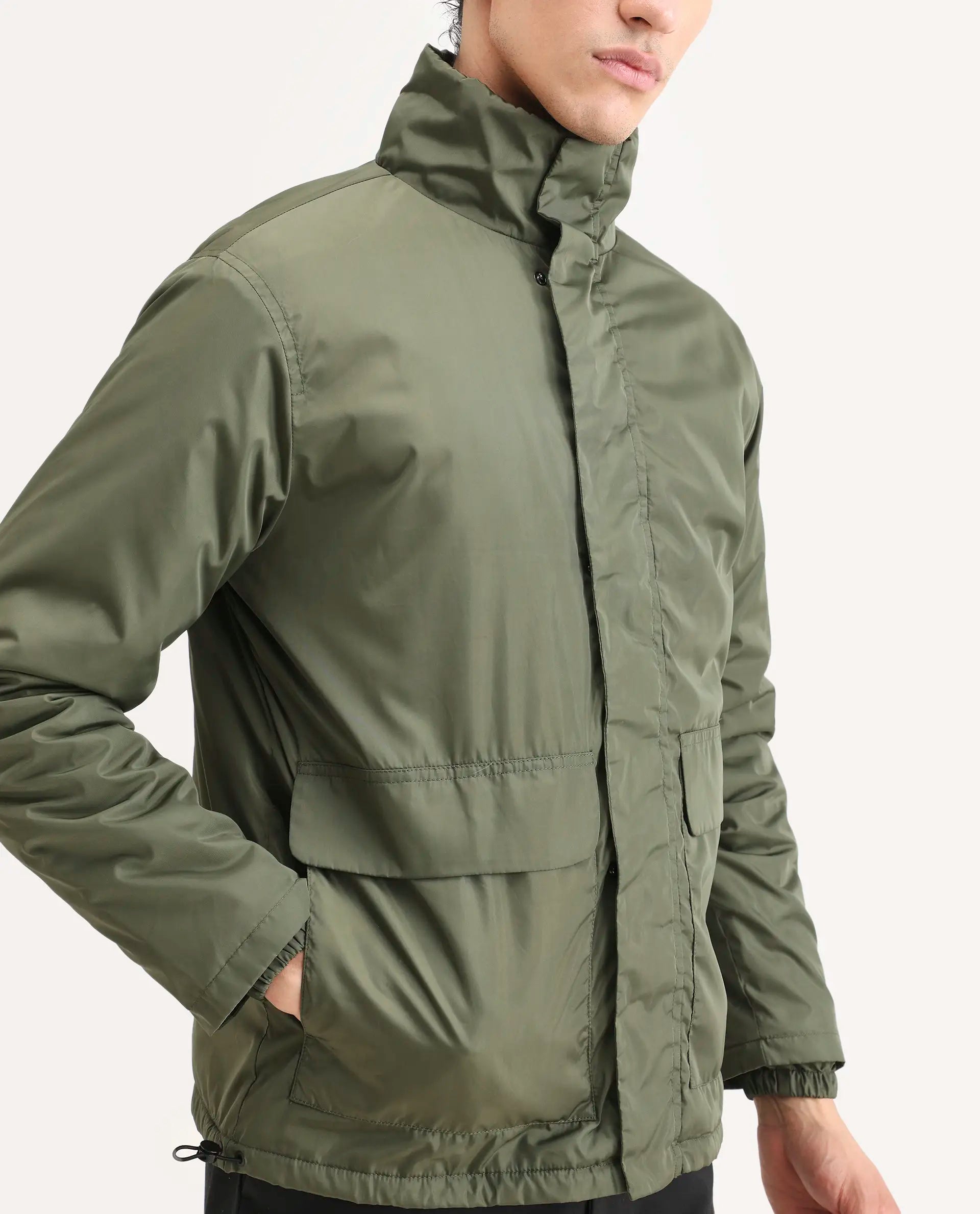 Rare Rabbit Men's Oba Dark Green Polyester Plain Relaxed Fit Full Sleeve High Neck Jacket