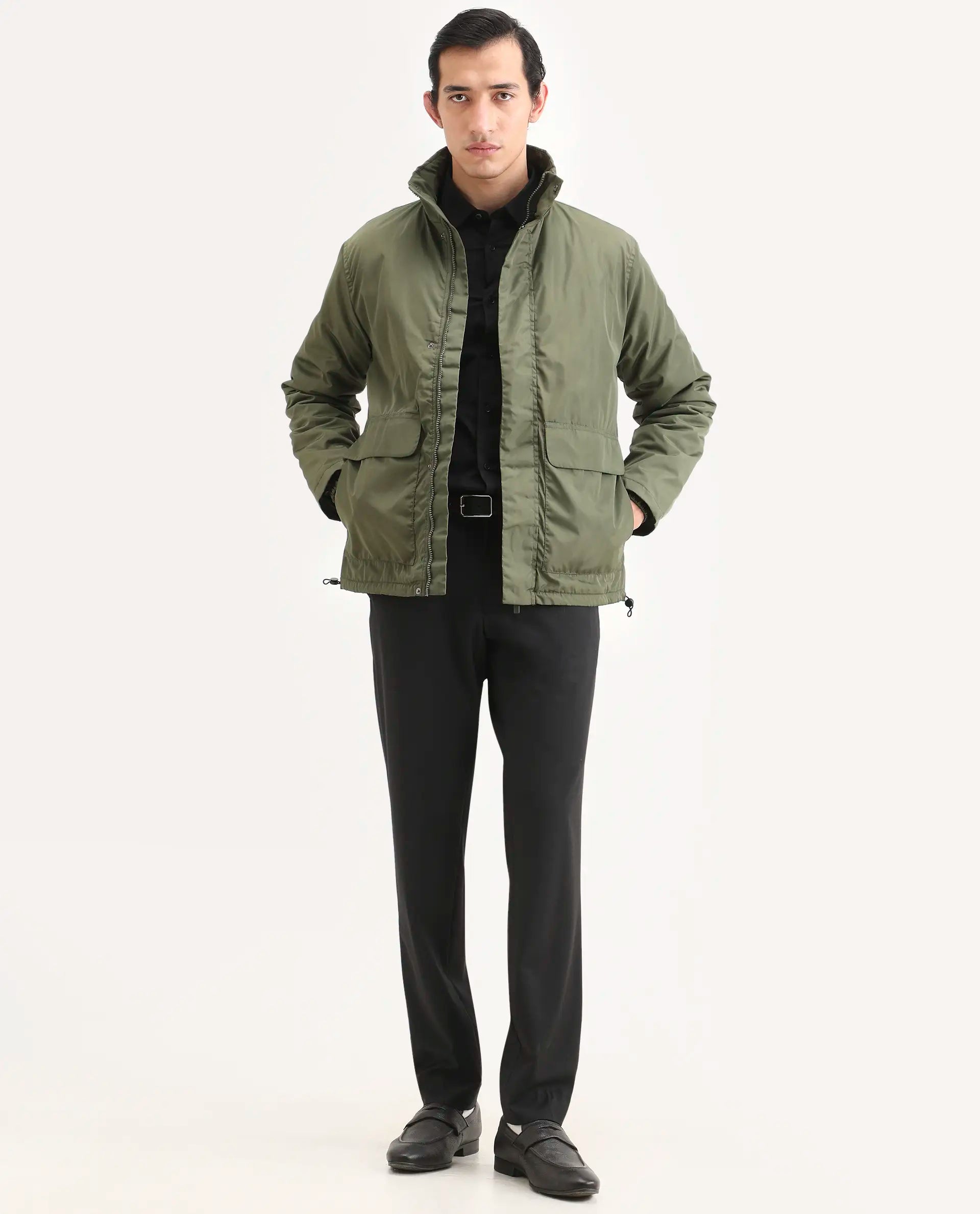 Rare Rabbit Men's Oba Dark Green Polyester Plain Relaxed Fit Full Sleeve High Neck Jacket