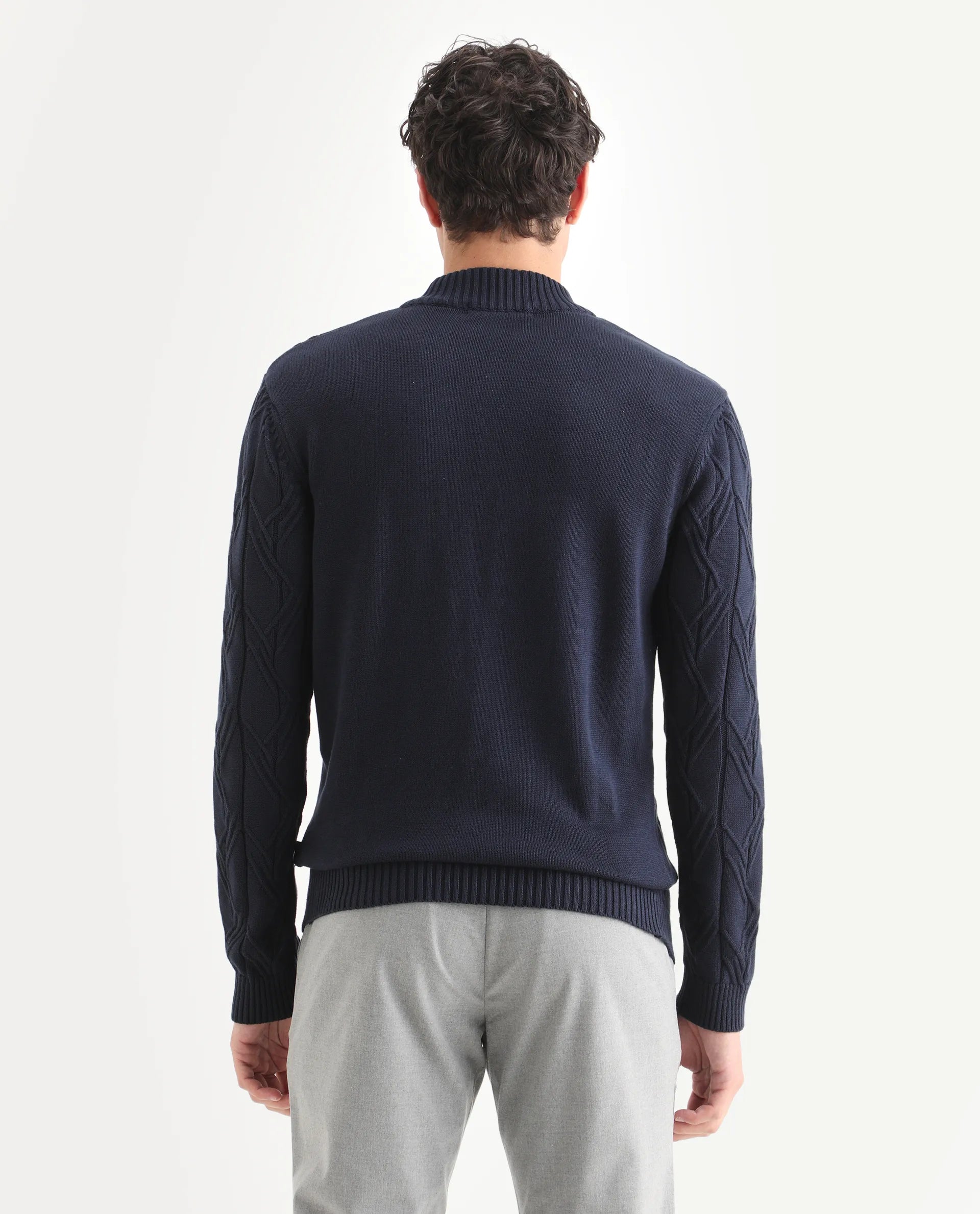 Rare Rabbit Men's Caloz Navy Cotton Textured Regular Fit Full Sleeve High Neck Sweater