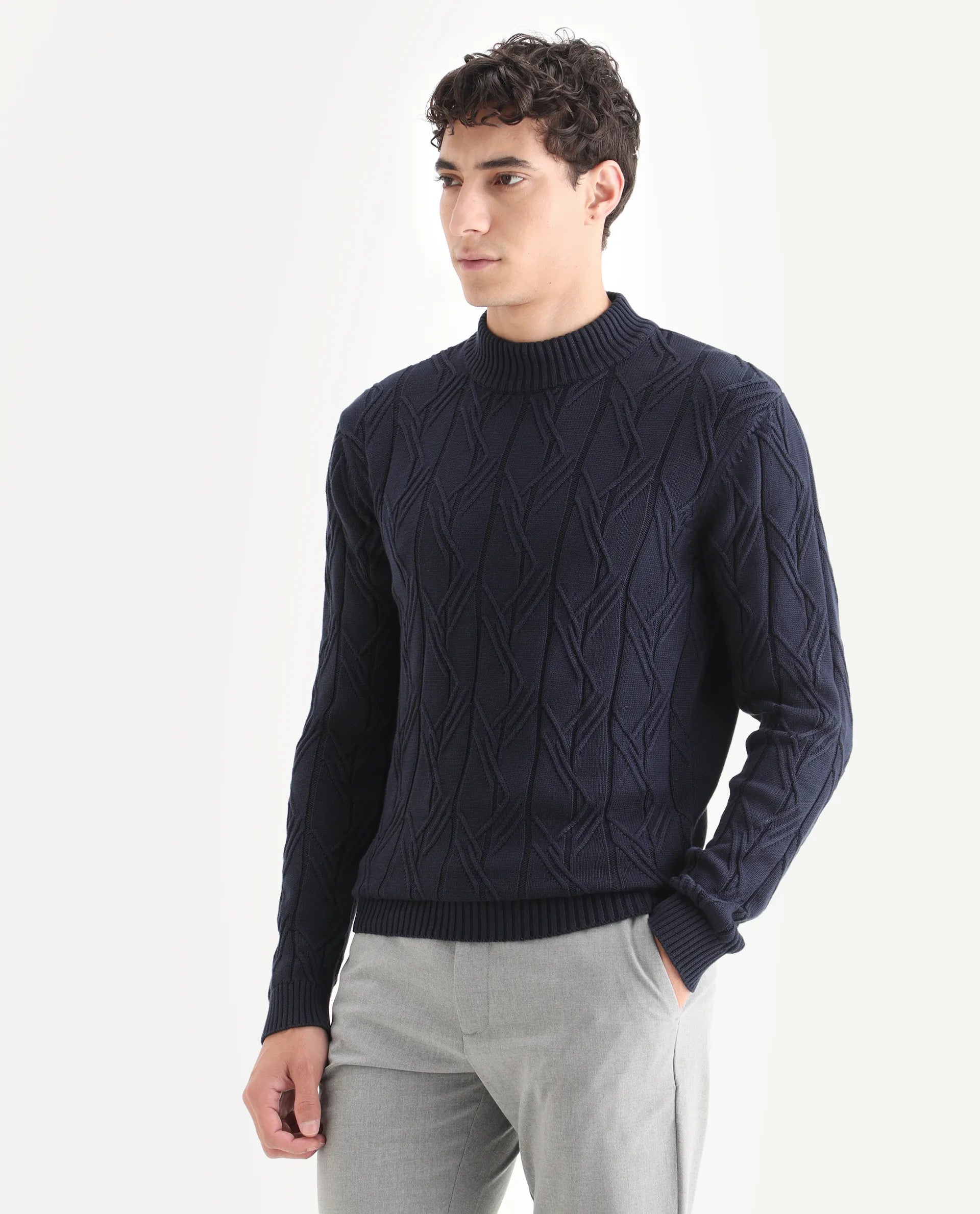Rare Rabbit Men's Caloz Navy Cotton Textured Regular Fit Full Sleeve High Neck Sweater