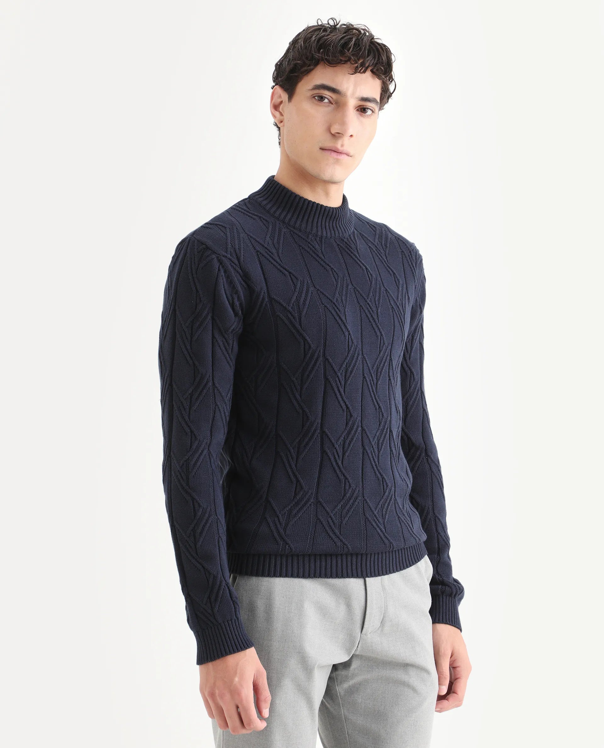 Rare Rabbit Men's Caloz Navy Cotton Textured Regular Fit Full Sleeve High Neck Sweater