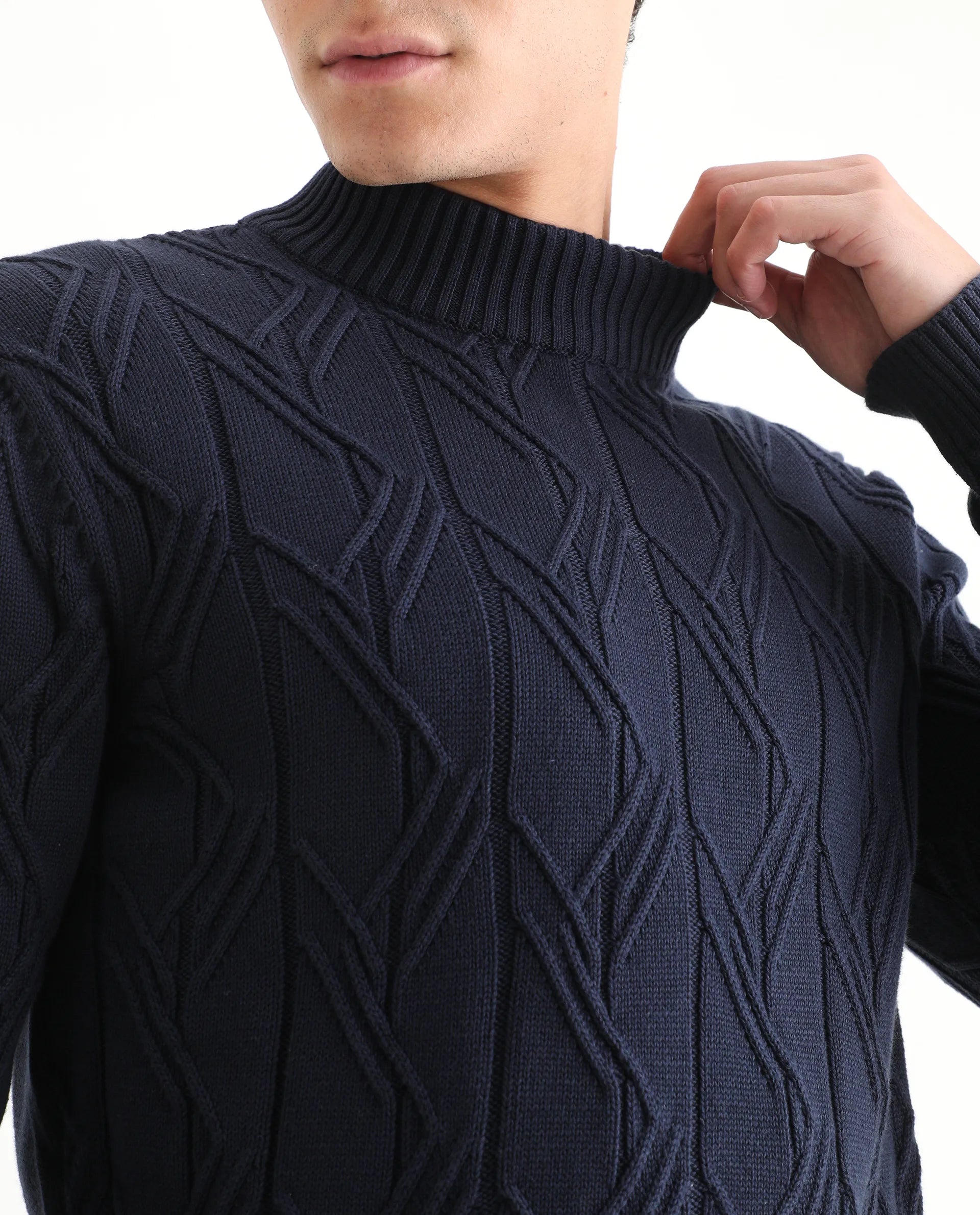 Rare Rabbit Men's Caloz Navy Cotton Textured Regular Fit Full Sleeve High Neck Sweater