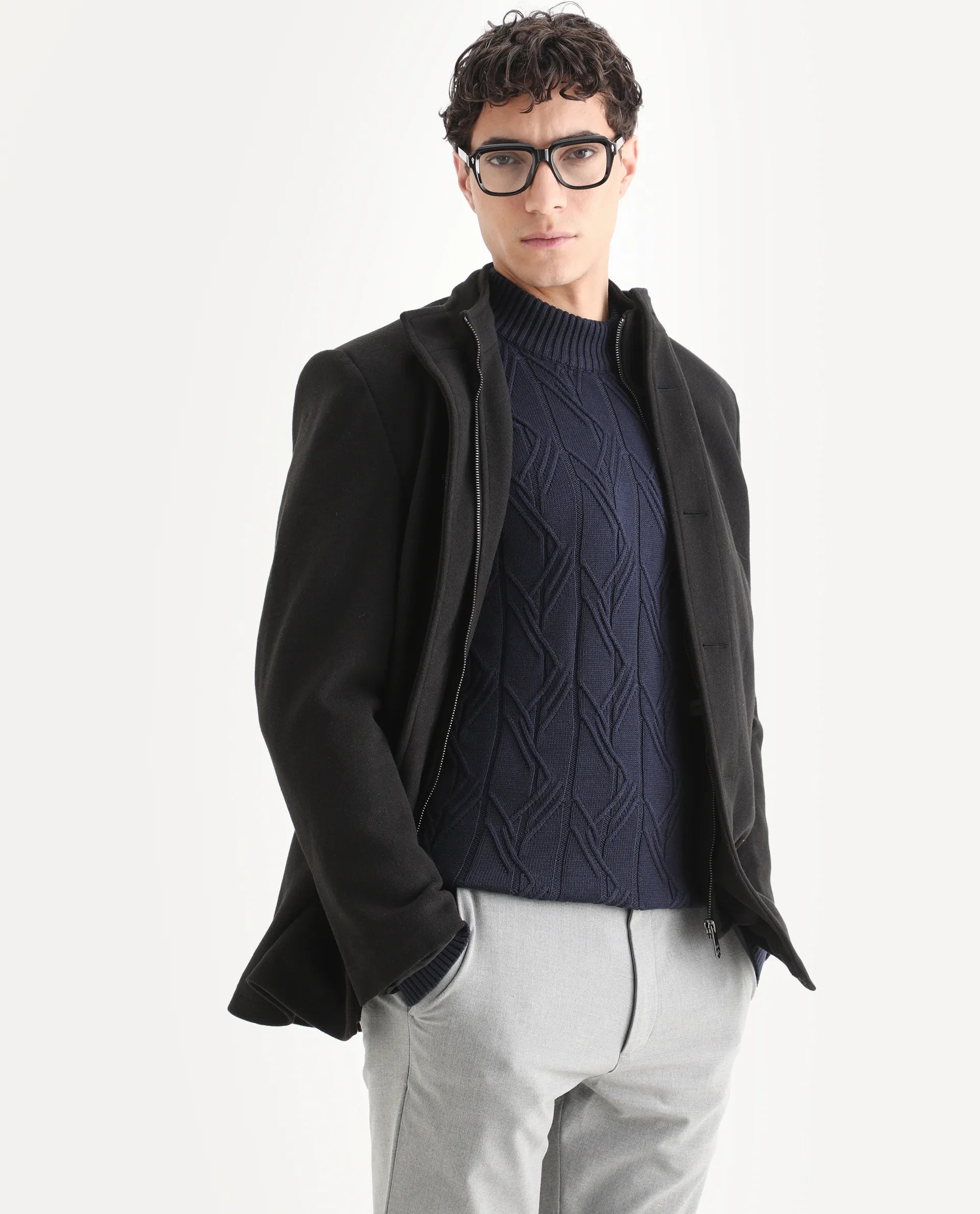 Rare Rabbit Men's Caloz Navy Cotton Textured Regular Fit Full Sleeve High Neck Sweater