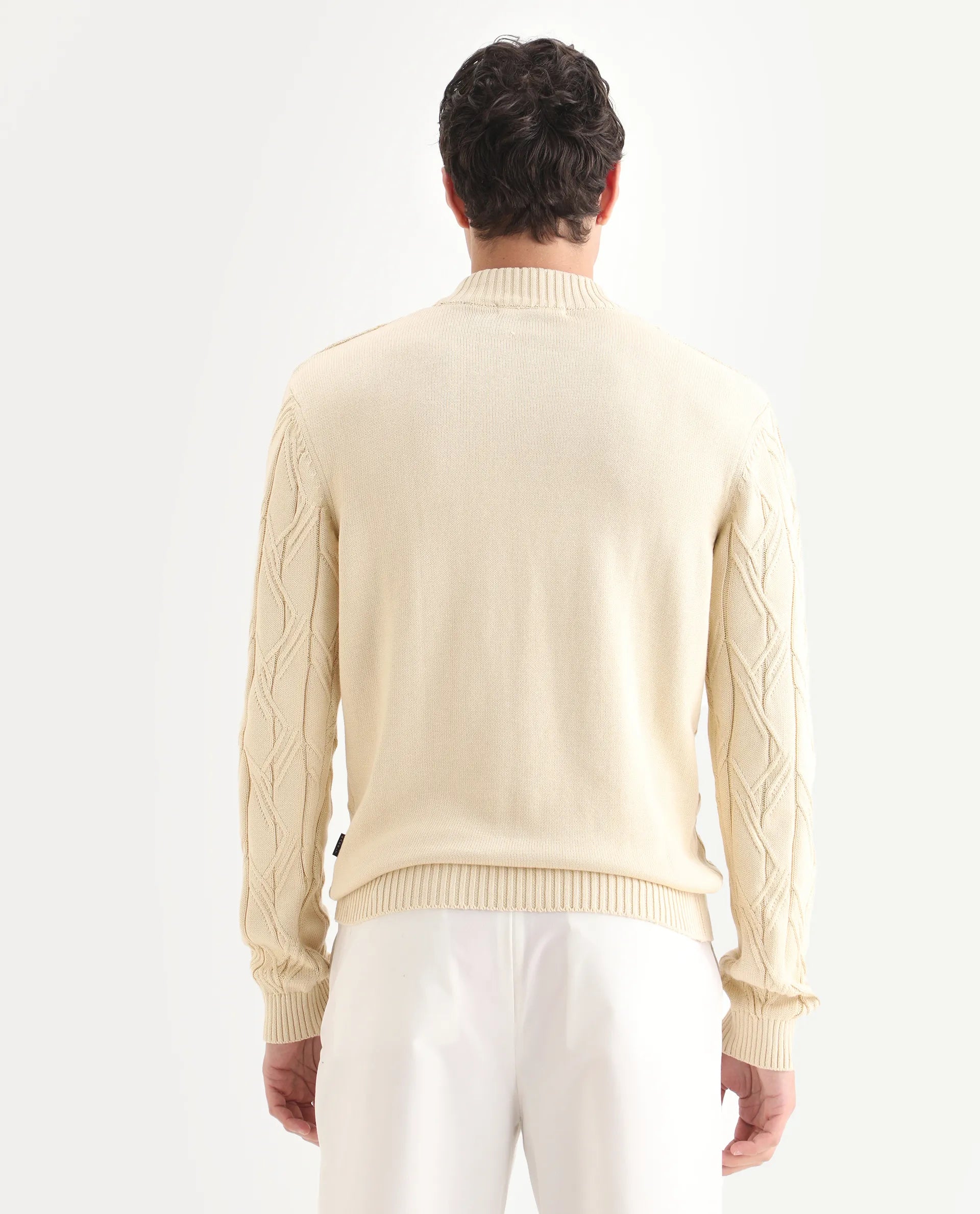 Rare Rabbit Men's Caloz Yellow Cotton Textured Regular Fit Full Sleeve High Neck Sweater