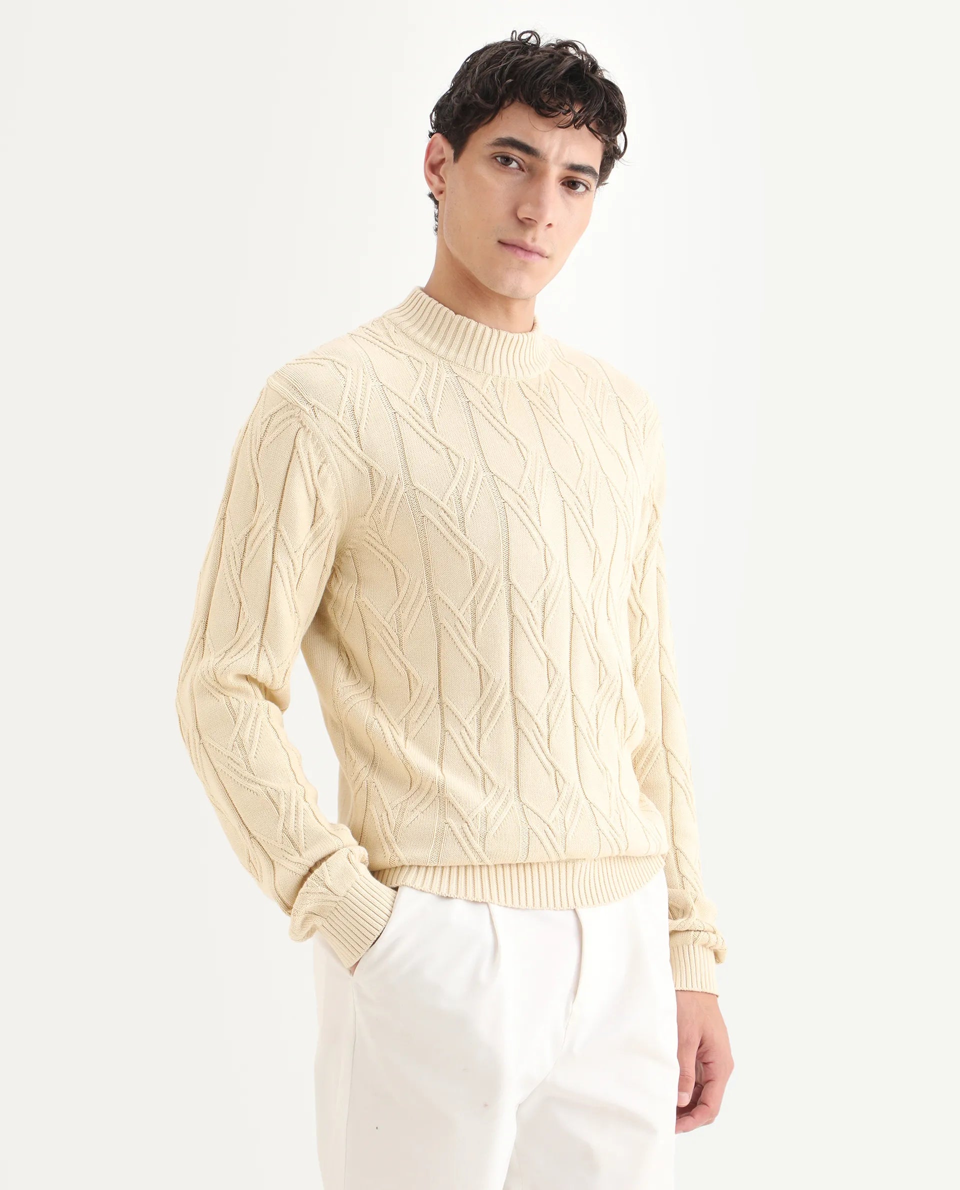 Rare Rabbit Men's Caloz Yellow Cotton Textured Regular Fit Full Sleeve High Neck Sweater