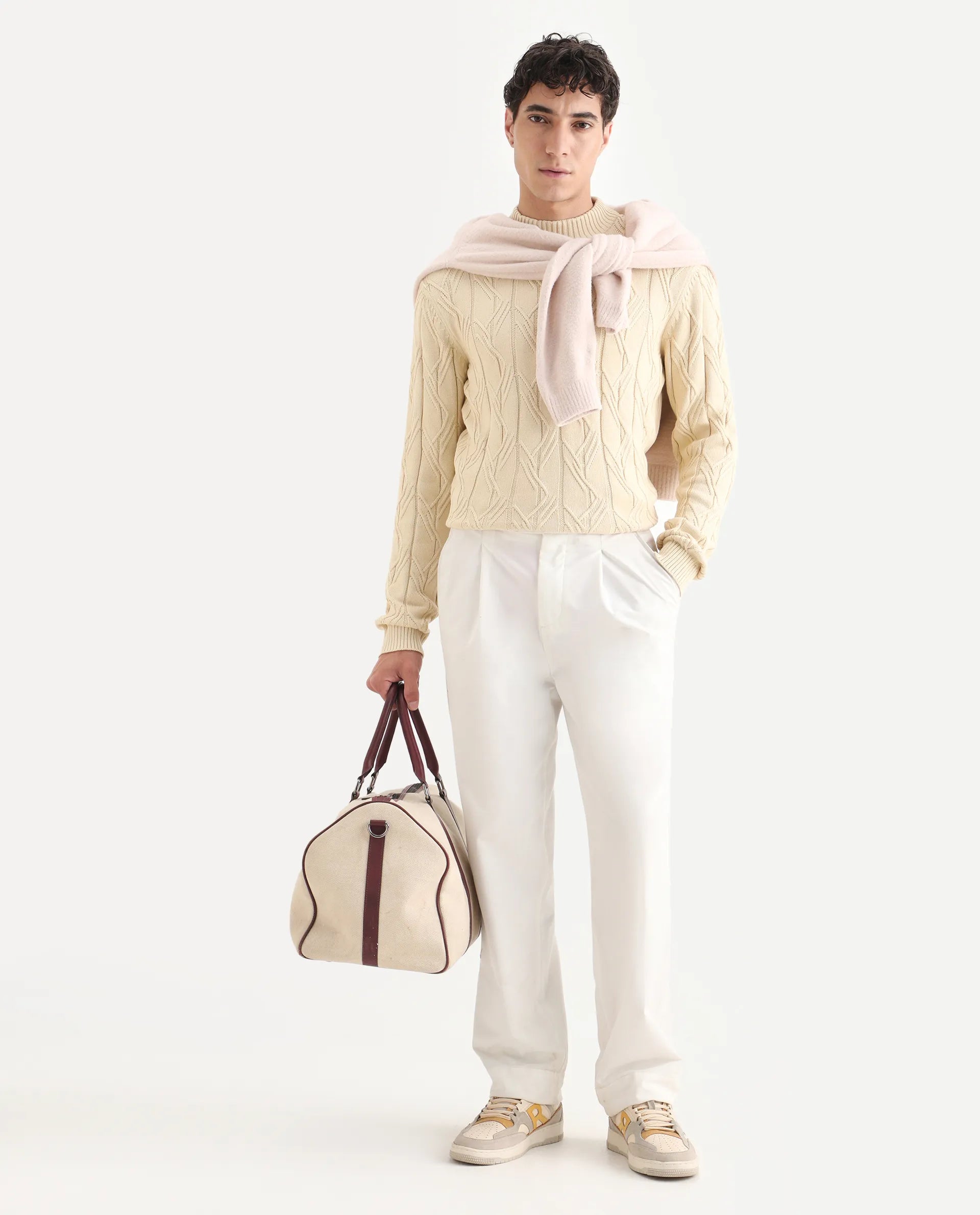 Rare Rabbit Men's Caloz Yellow Cotton Textured Regular Fit Full Sleeve High Neck Sweater