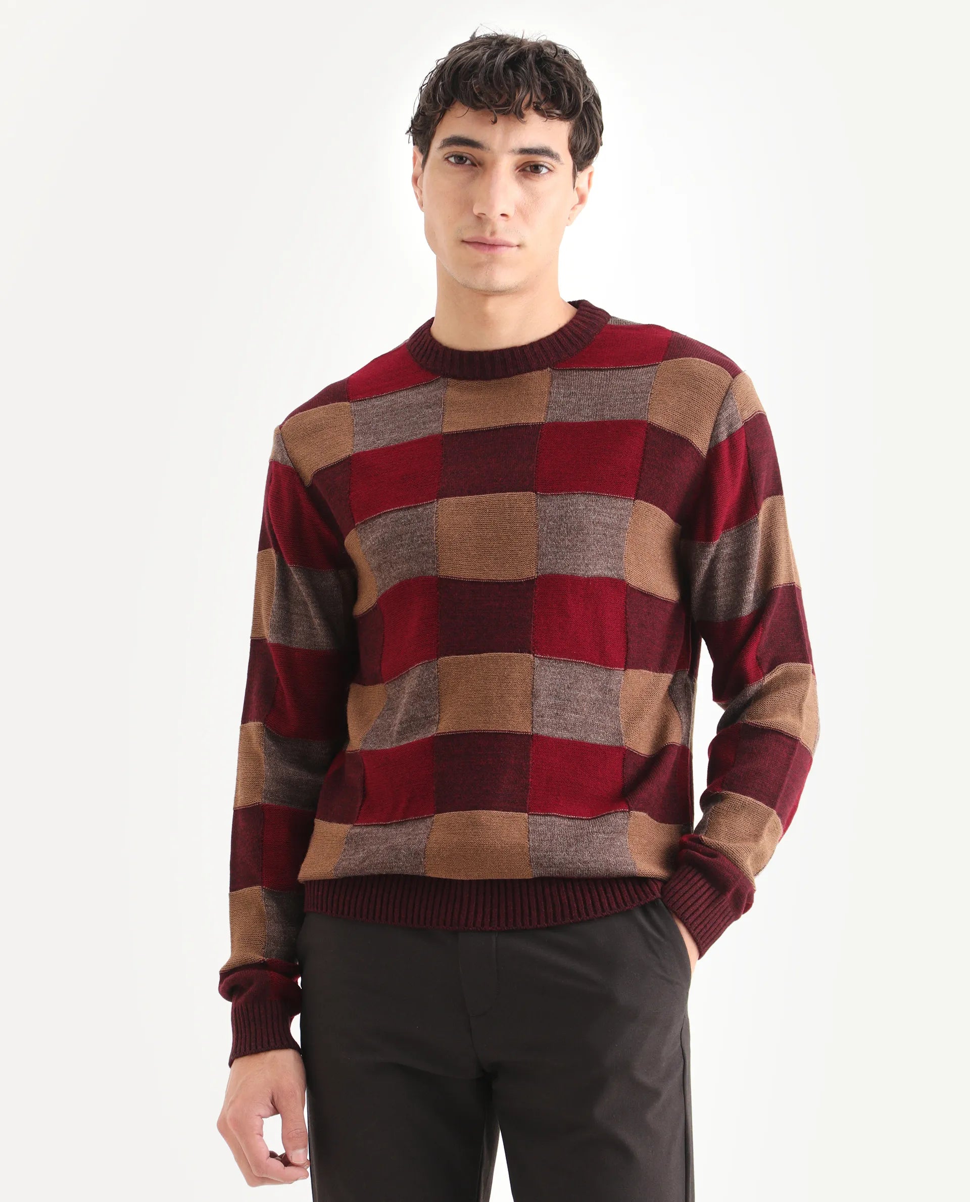 Rare Rabbit Men's Boaz Red Acrylic Jacquard Regular Fit Full Sleeve Crew Neck Sweater