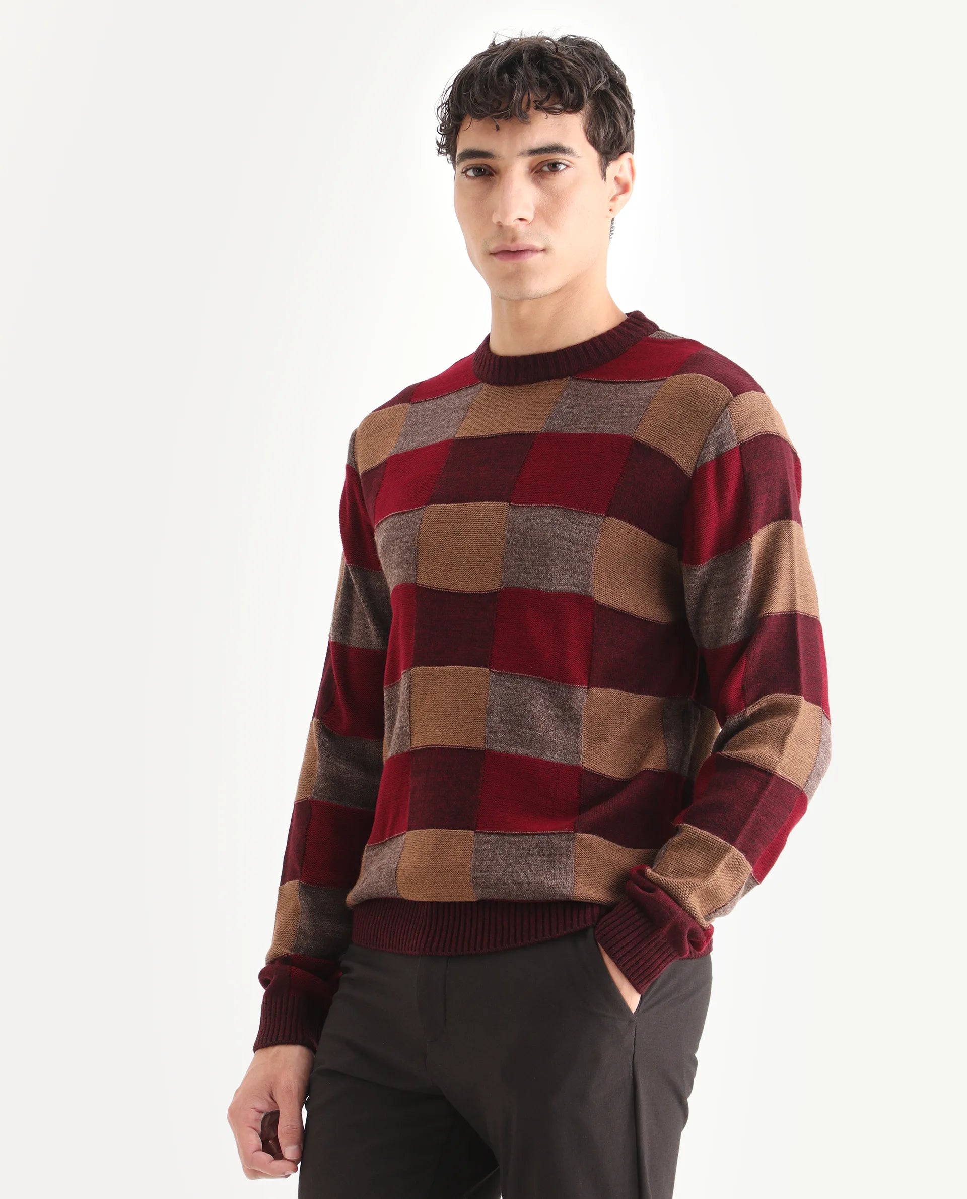 Rare Rabbit Men's Boaz Red Acrylic Jacquard Regular Fit Full Sleeve Crew Neck Sweater