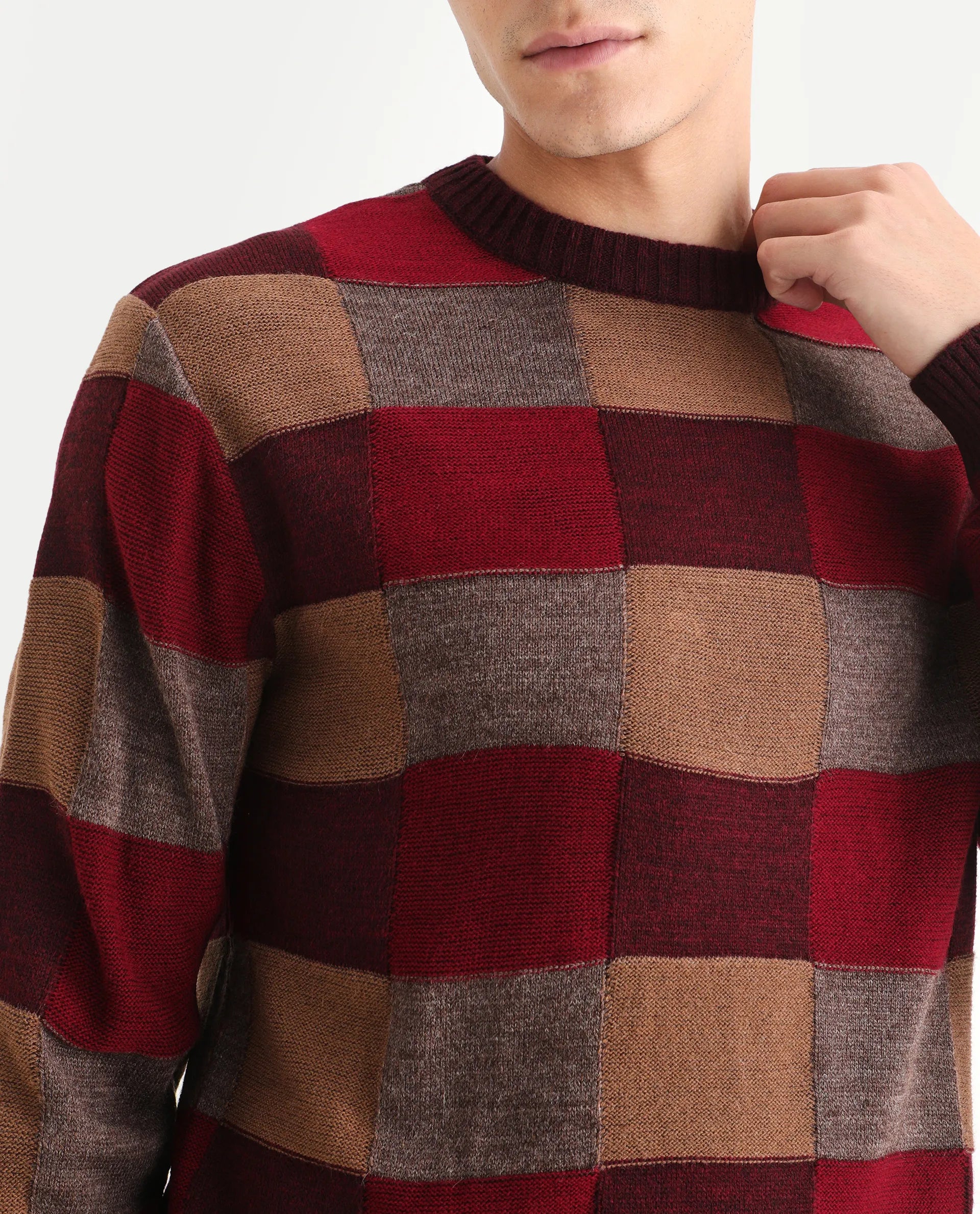 Rare Rabbit Men's Boaz Red Acrylic Jacquard Regular Fit Full Sleeve Crew Neck Sweater