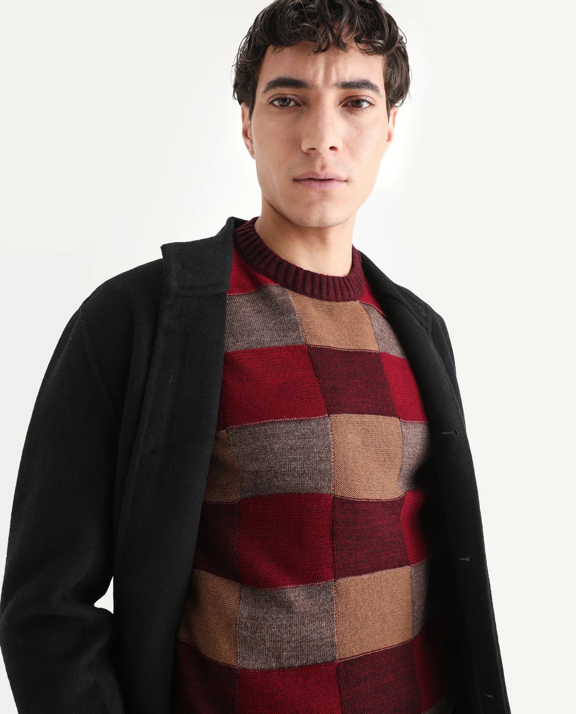 Rare Rabbit Men's Boaz Red Acrylic Jacquard Regular Fit Full Sleeve Crew Neck Sweater