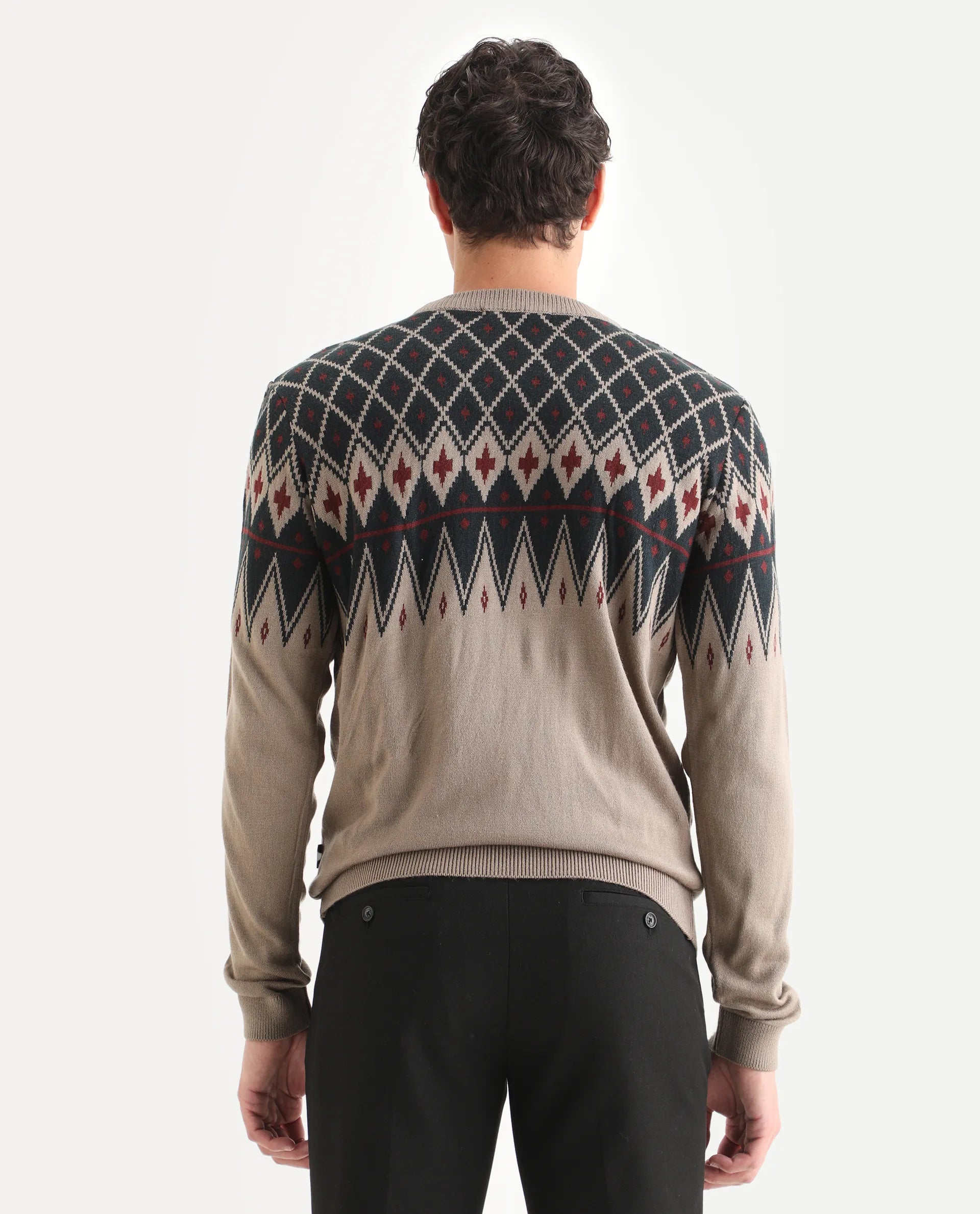 Rare Rabbit Men's Kezeck Light Brown Cotton Argyle Print Regular Fit Full Sleeve Crew Neck Sweater