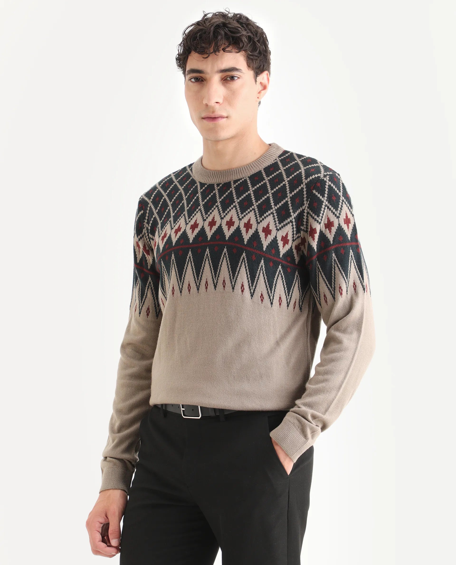 Rare Rabbit Men's Kezeck Light Brown Cotton Argyle Print Regular Fit Full Sleeve Crew Neck Sweater