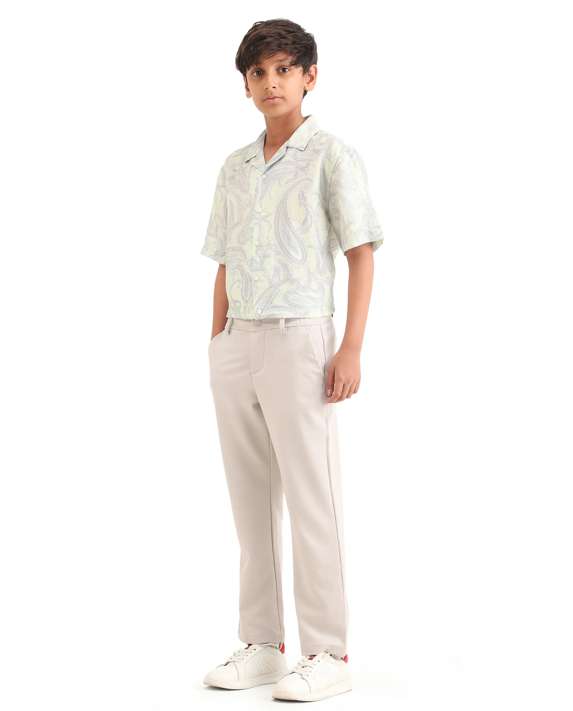 Rare Ones Kids Travo Light Beige Polyester Blend Button And Zipper Closure Plain Regular Fit Trouser