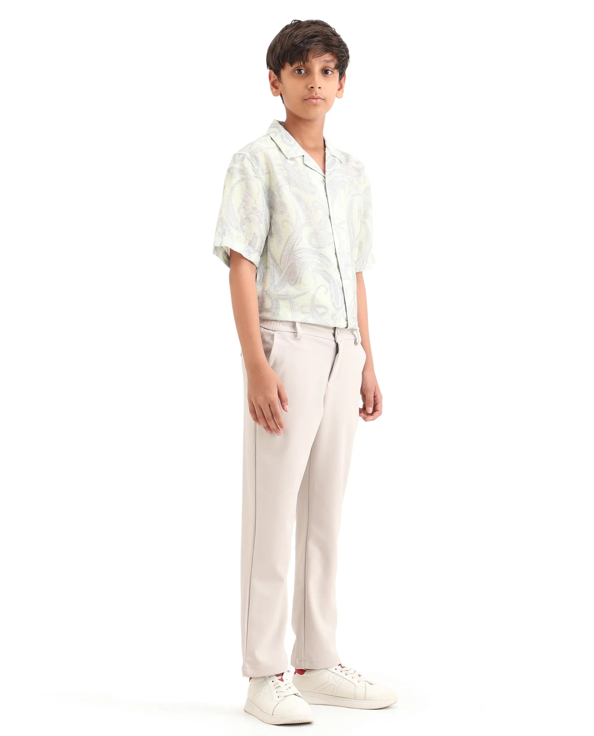 Rare Ones Kids Travo Light Beige Polyester Blend Button And Zipper Closure Plain Regular Fit Trouser