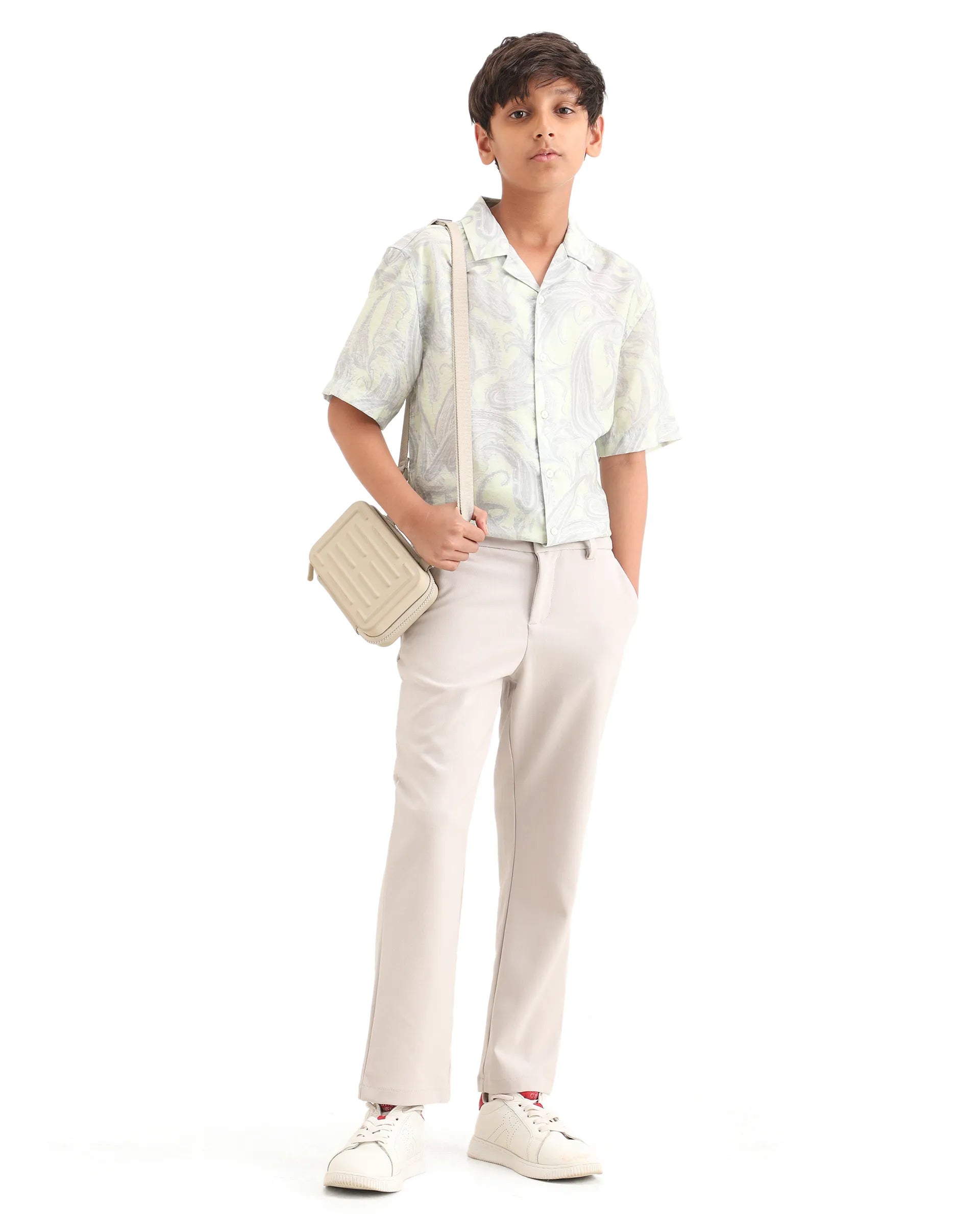 Rare Ones Kids Travo Light Beige Polyester Blend Button And Zipper Closure Plain Regular Fit Trouser