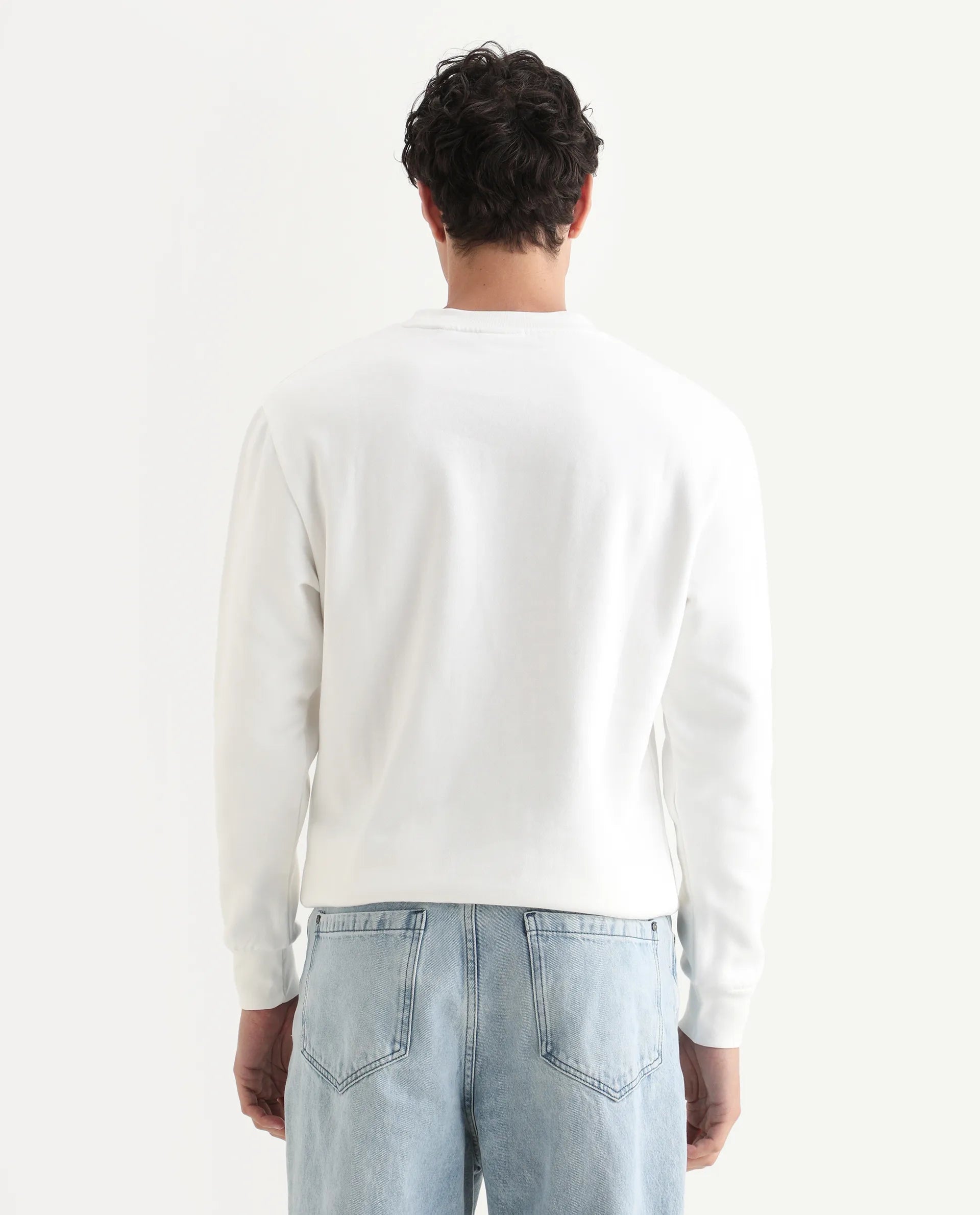 Rare Rabbit Men's Pend White Cotton Graphic Print Boxy Fit Full Sleeve Crew Neck Sweatshirt